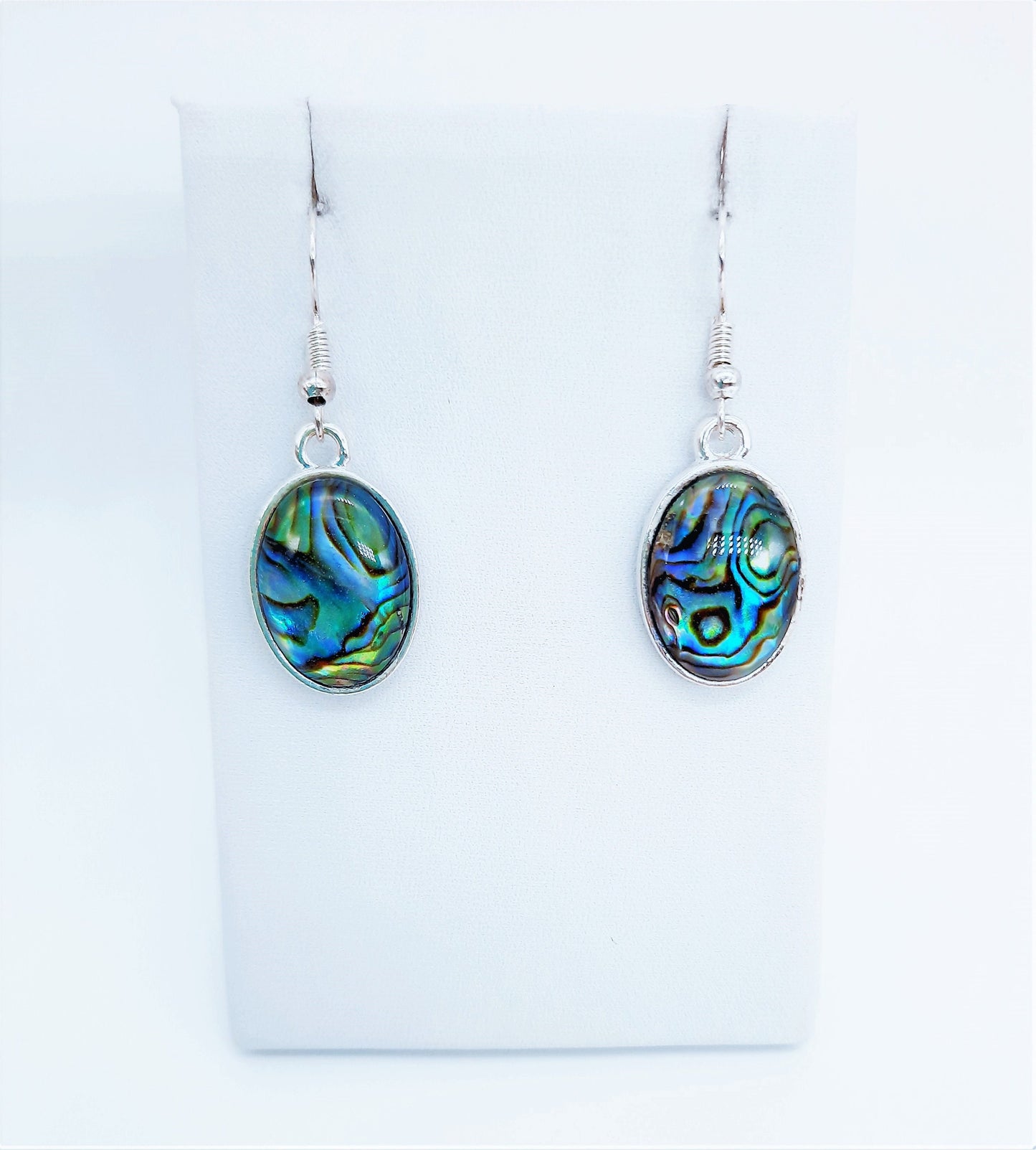 Handmade / Handcrafted Oval Shaped Natural Blue Abalone / Paua Seashell Earrings, Sealed w/ Holographic Mica Infused Resin, Stainless Steel