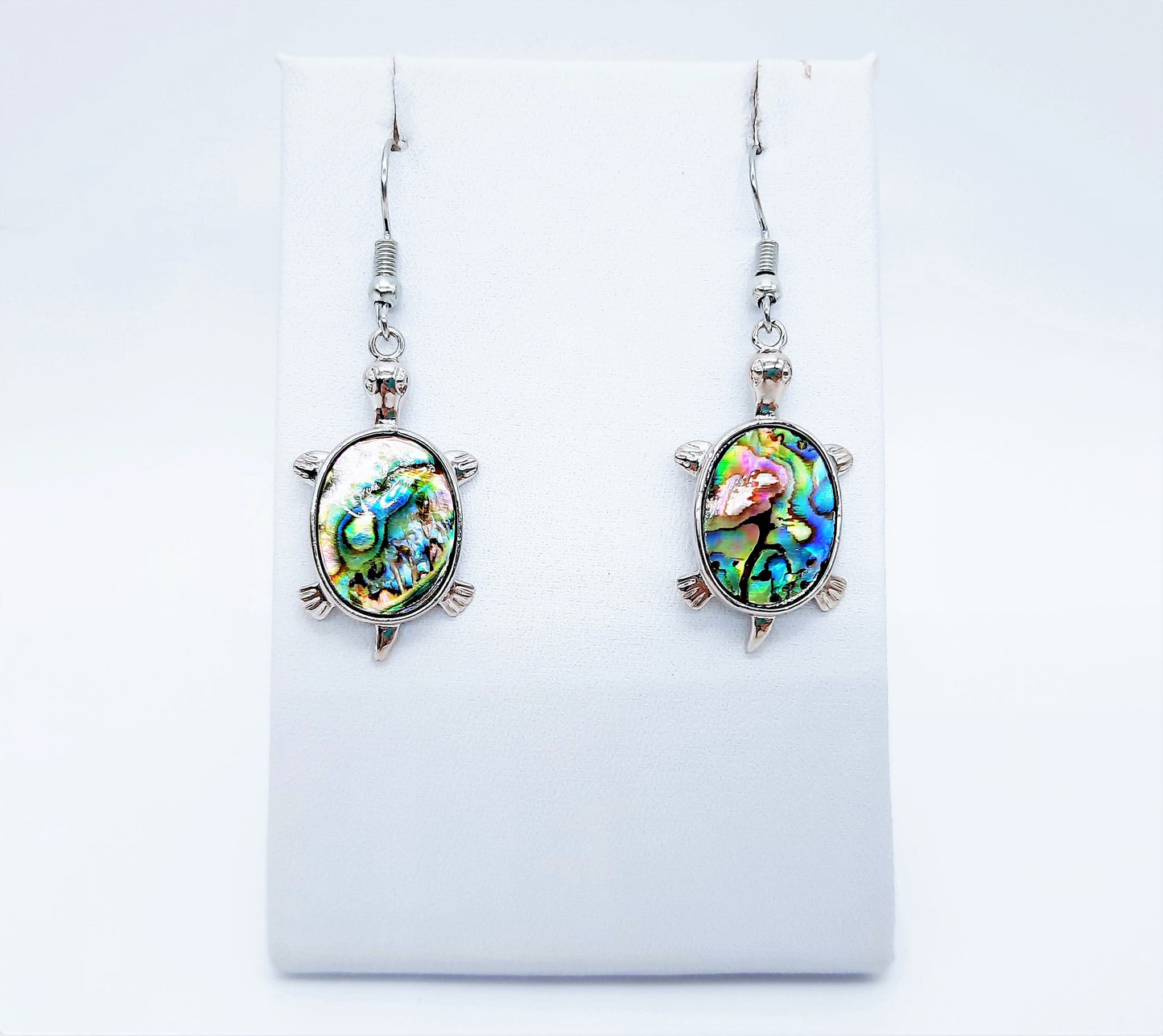 Handcrafted / Handmade Abalone / Paua Sea Turtle Dangle Earrings - Hypoallergenic Stainless Steel Hooks - Silver-Coated Brass Earrings