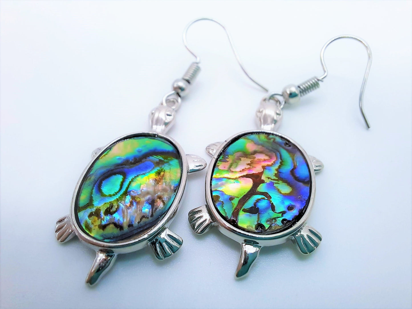 Handcrafted / Handmade Abalone / Paua Sea Turtle Dangle Earrings - Hypoallergenic Stainless Steel Hooks - Silver-Coated Brass Earrings