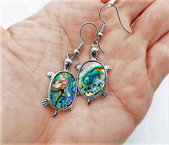 Handcrafted / Handmade Abalone / Paua Sea Turtle Dangle Earrings - Hypoallergenic Stainless Steel Hooks - Silver-Coated Brass Earrings