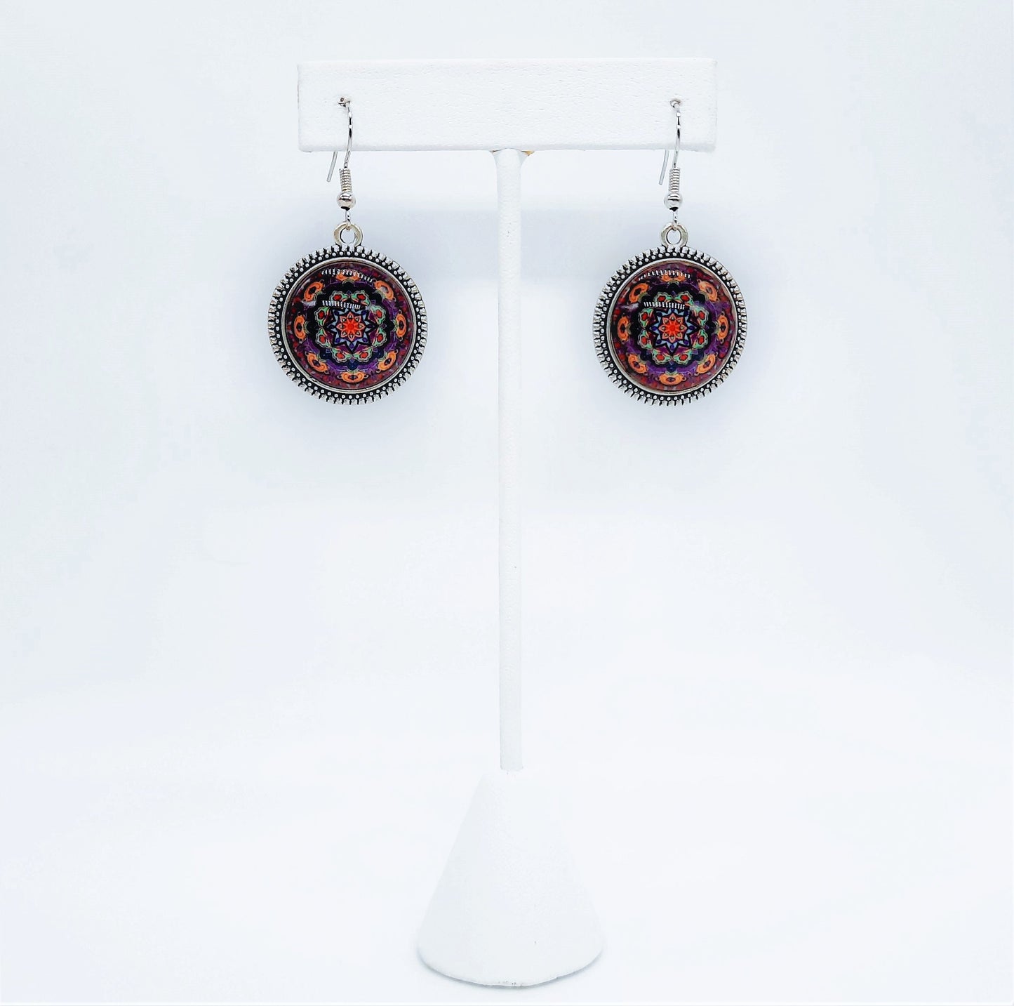 Handcrafted Tibetan Style Rainbow Mandala Pattern Design - Glass Cabochon Stainless Steel Dangle Earrings - Hypoallergenic - Stainless Steel