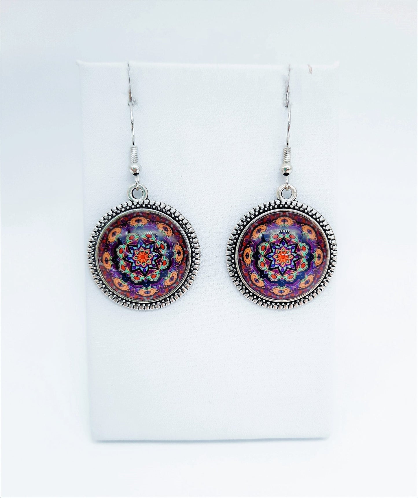 Handcrafted Tibetan Style Rainbow Mandala Pattern Design - Glass Cabochon Stainless Steel Dangle Earrings - Hypoallergenic - Stainless Steel