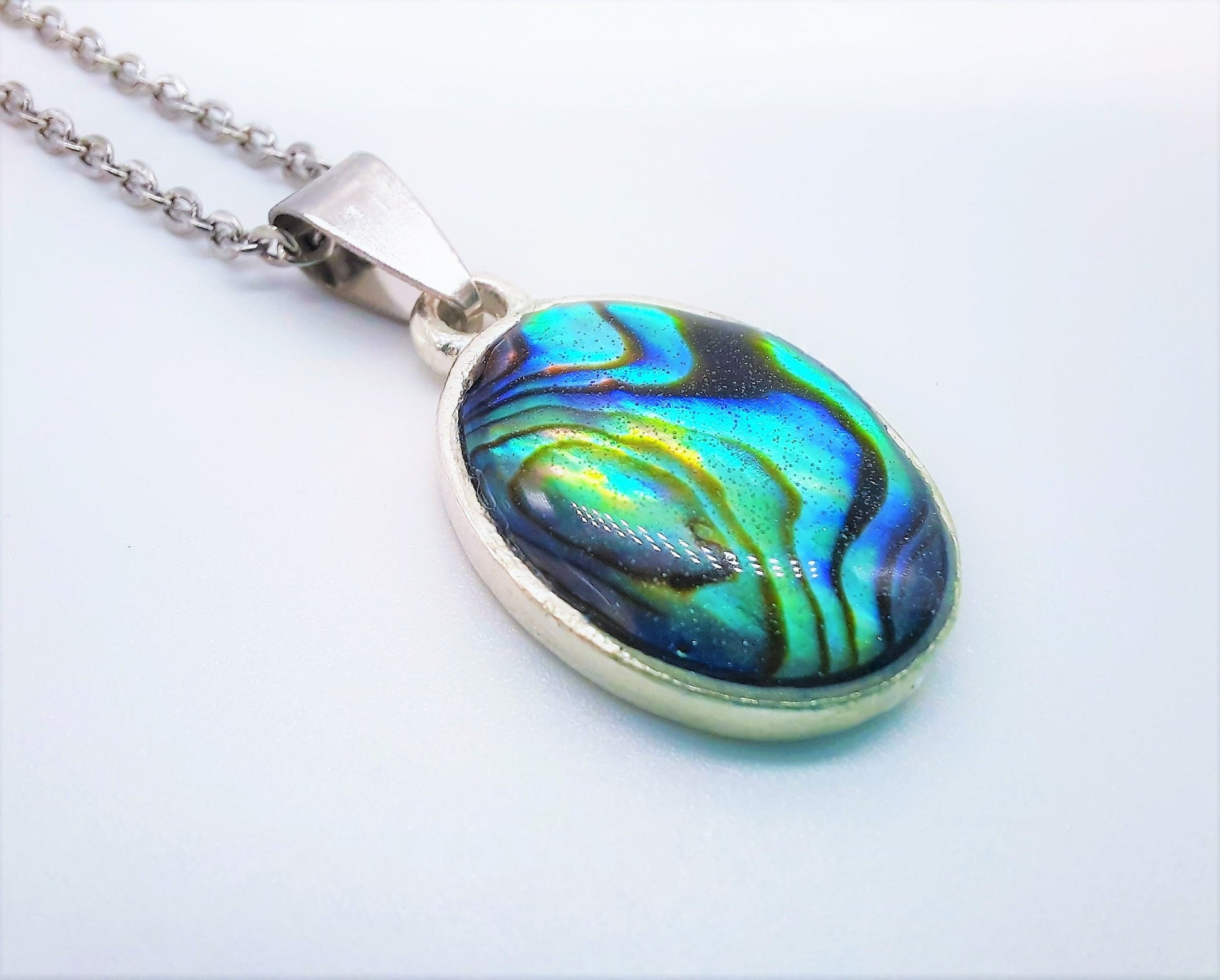 Natural Abalone / Paua Seashell Oval Pendant Necklace - Stainless Steel - Hypoallergenic - Covered w/ Holographic Powder Infused Resin Dome