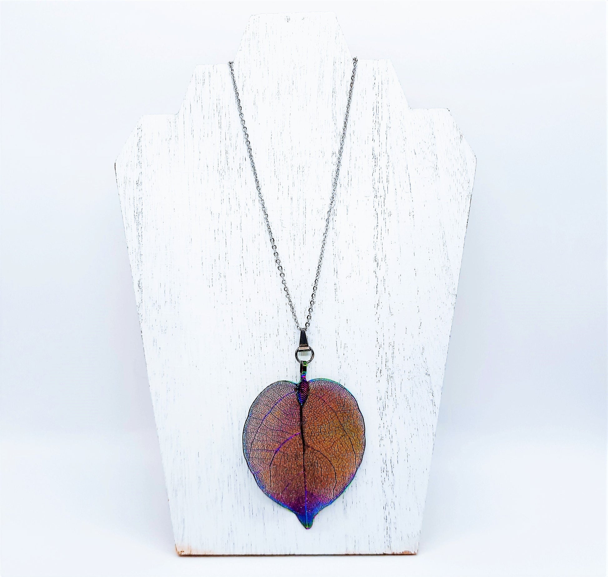 Rainbow Chromium Leaf Pendant Necklace - Comes with 18" Stainless Steel Chain - Hypoallergenic