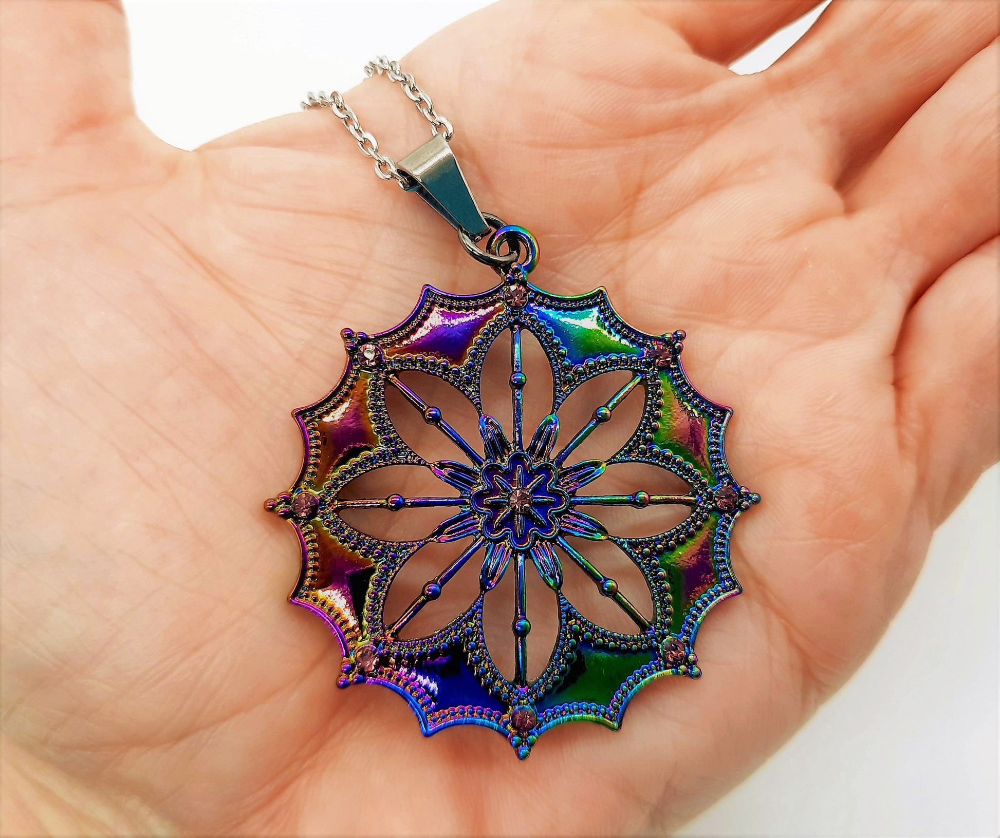Rainbow Chromium Mandala Pendant Necklace - Tibetan Style - Filigree Flower Pattern - Comes with 18" Stainless Steel Chain - Hypoallergenic