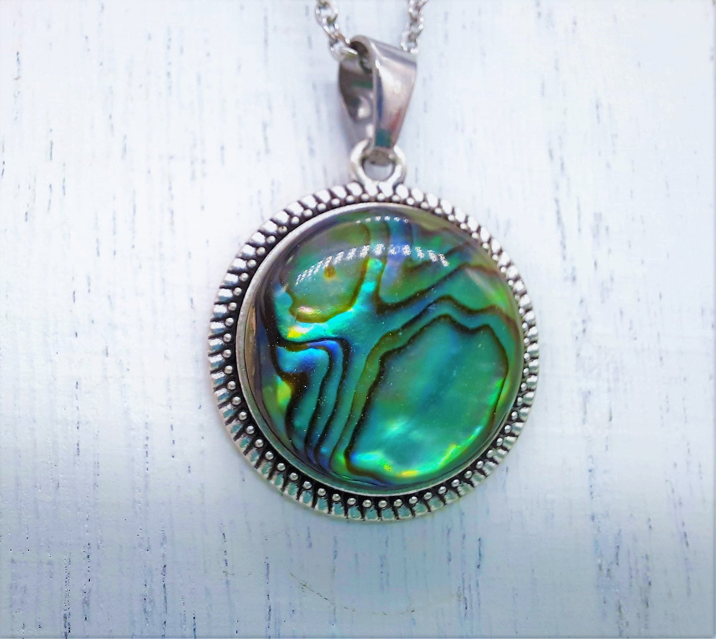 Abalone / Paua Seashell Tibetan Style Pendant Necklace - Stainless Steel - Hypoallergenic - Covered with Holographic Powder Infused Resin