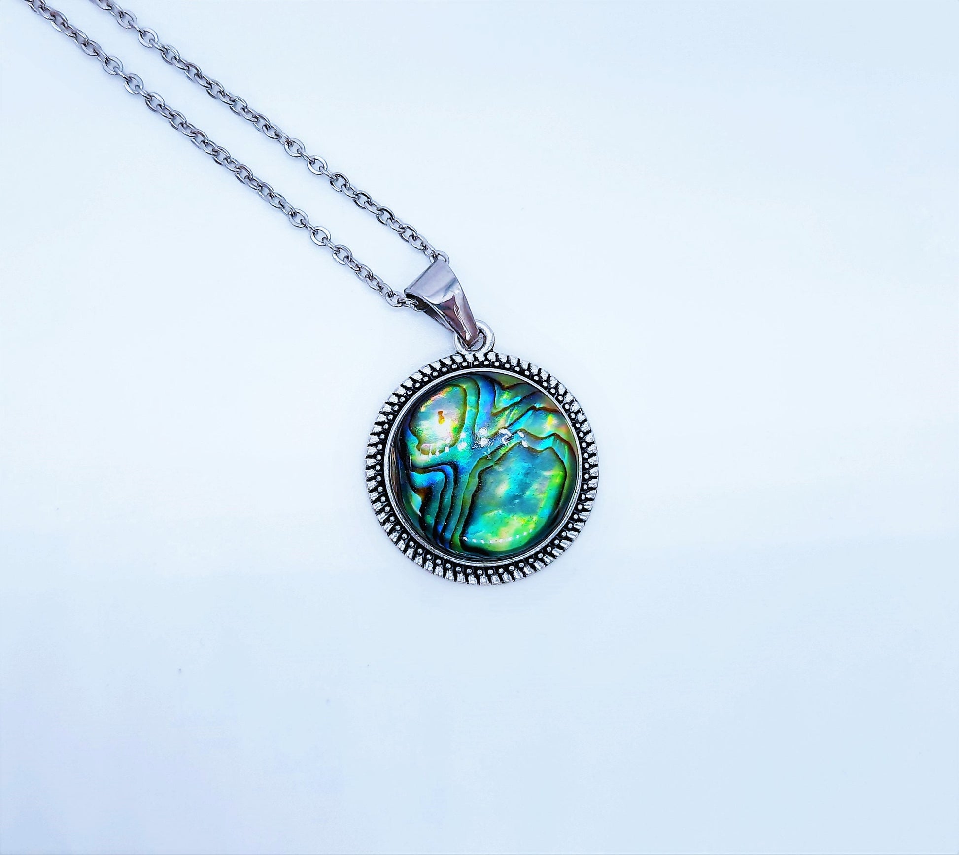 Abalone / Paua Seashell Tibetan Style Pendant Necklace - Stainless Steel - Hypoallergenic - Covered with Holographic Powder Infused Resin