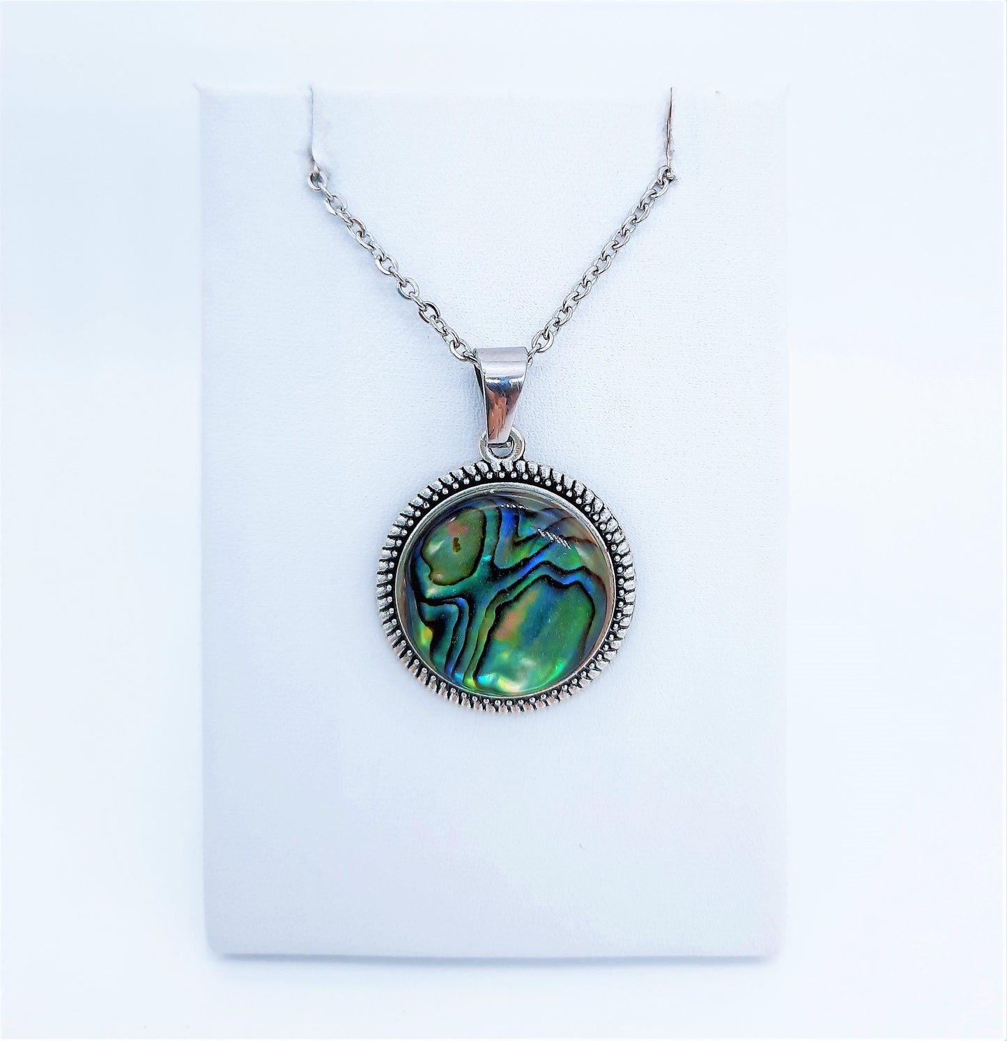 Abalone / Paua Seashell Tibetan Style Pendant Necklace - Stainless Steel - Hypoallergenic - Covered with Holographic Powder Infused Resin