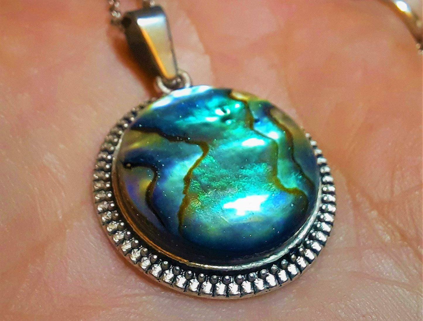 Abalone / Paua Seashell Tibetan Style Pendant Necklace - Stainless Steel - Hypoallergenic - Covered with Holographic Powder Infused Resin