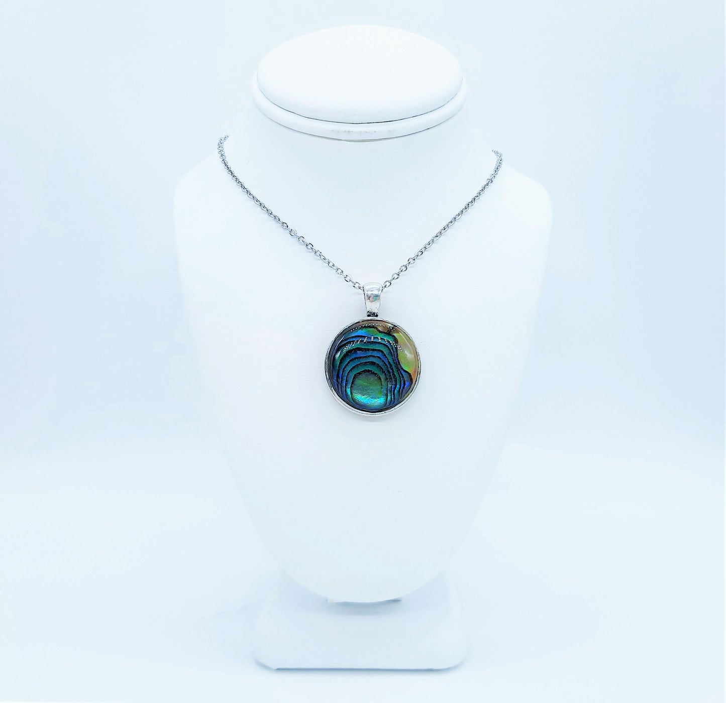 Natural Abalone / Paua Seashell Pendant Necklace - Stainless Steel - Hypoallergenic - Dome Covered with Holographic Powder Infused Resin