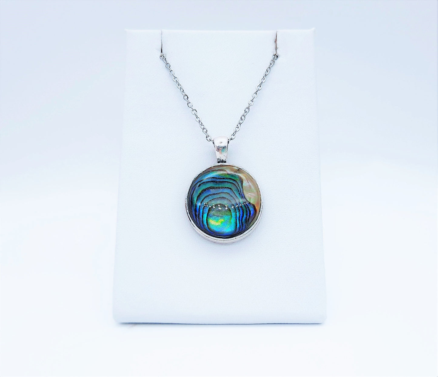 Natural Abalone / Paua Seashell Pendant Necklace - Stainless Steel - Hypoallergenic - Dome Covered with Holographic Powder Infused Resin