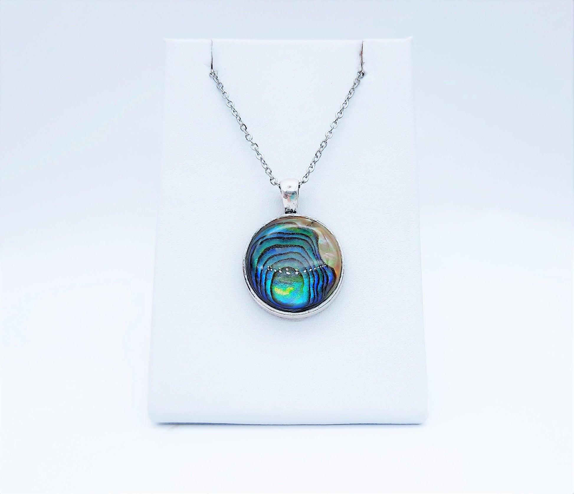 Natural Abalone / Paua Seashell Pendant Necklace - Stainless Steel - Hypoallergenic - Dome Covered with Holographic Powder Infused Resin