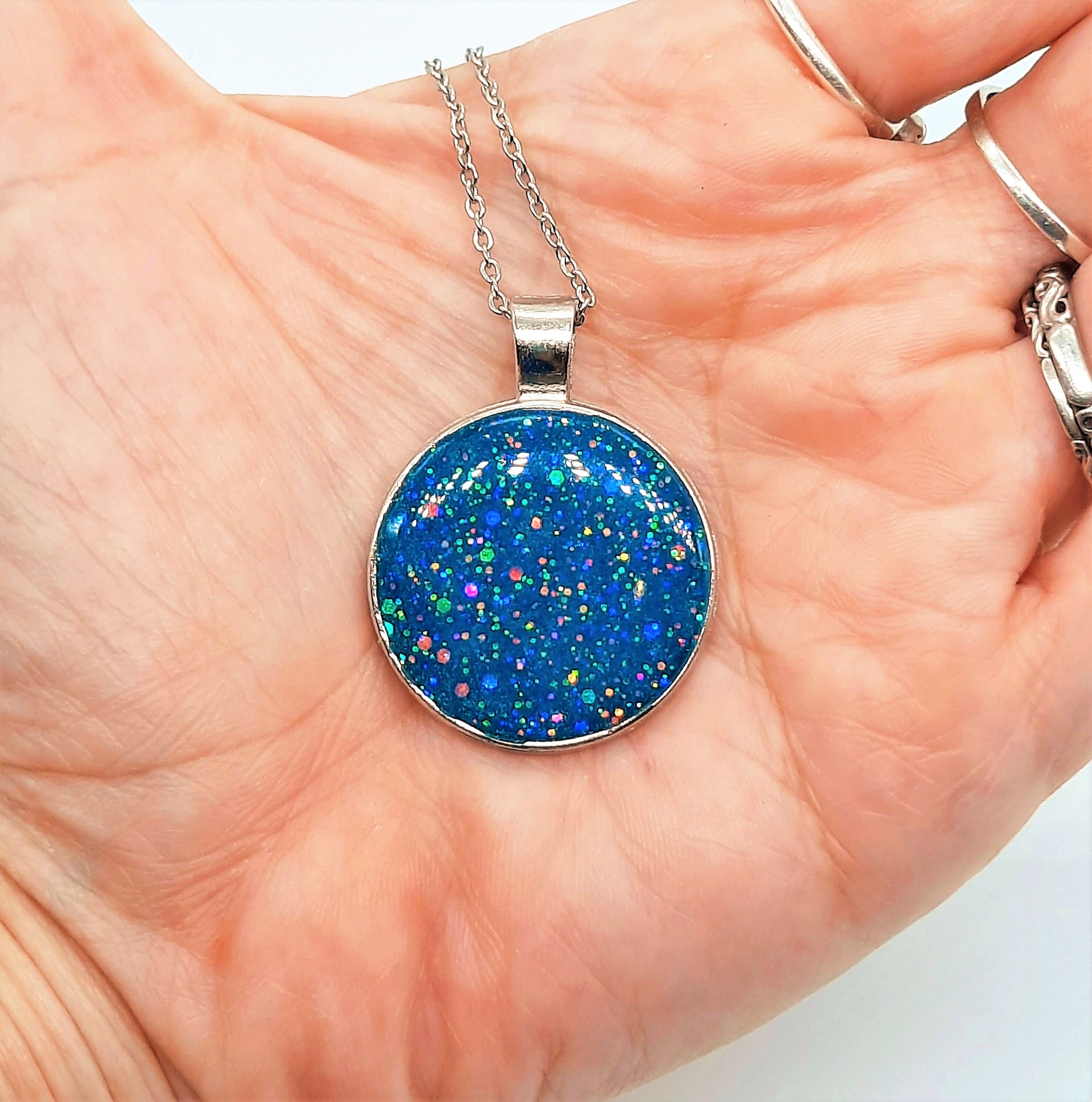 Blue Sparkle Resin Pendant Necklace/Made w/ Resin, Mica, Glitter, Glow-in-the-Dark Pigment, Hypoallergenic Stainless Steel