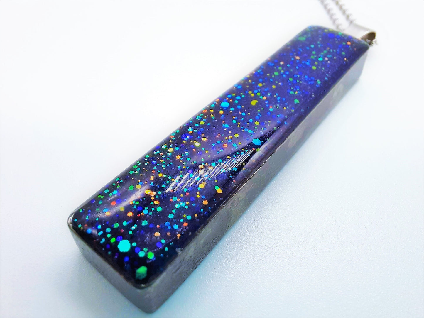 Handcrafted / Handmade Dark Purple Sparkle Resin Pendant Necklace - Made with Resin, Mica, Iridescent Glitter, & Holographic Powder