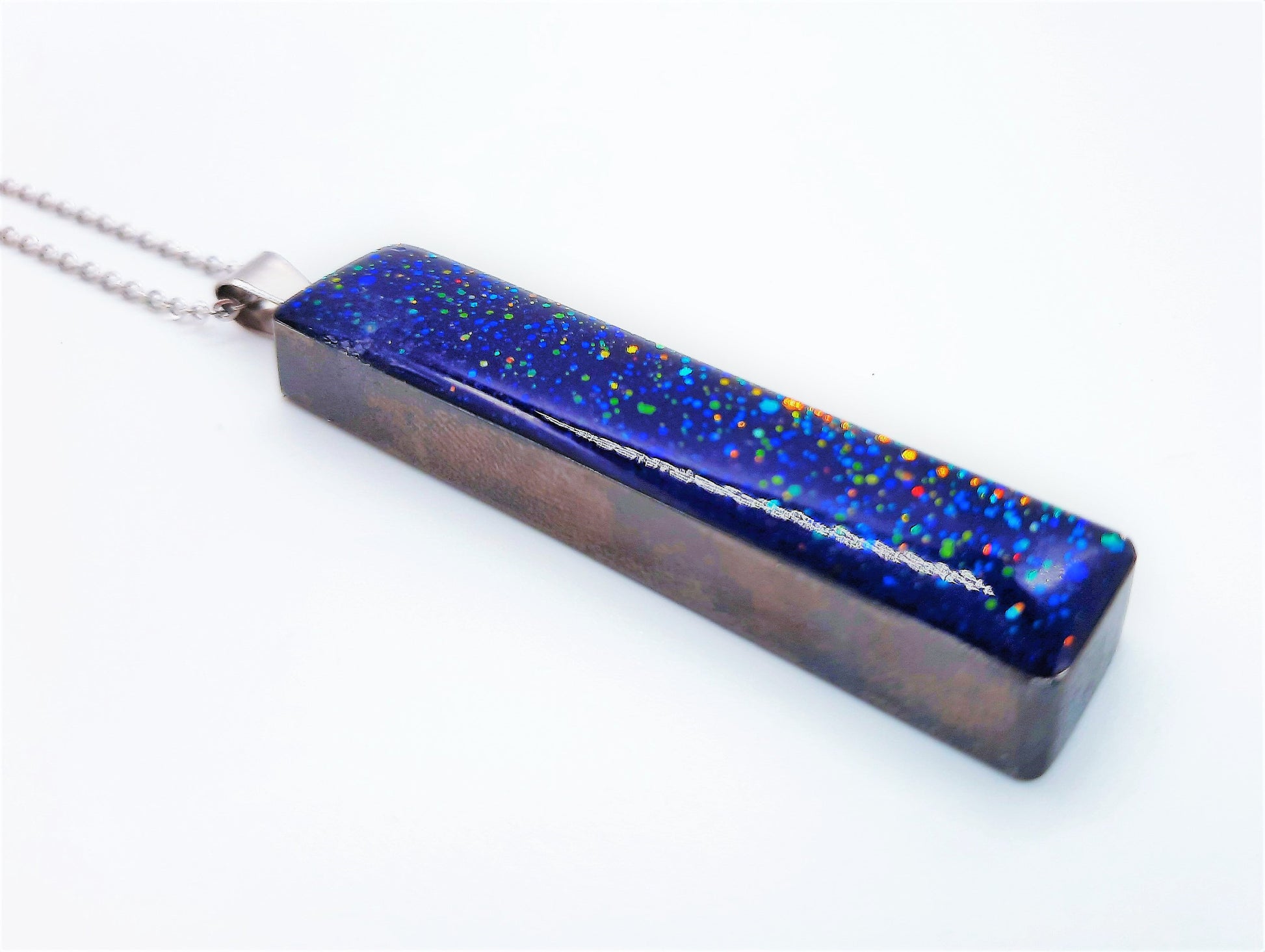 Handcrafted / Handmade Dark Purple Sparkle Resin Pendant Necklace - Made with Resin, Mica, Iridescent Glitter, & Holographic Powder