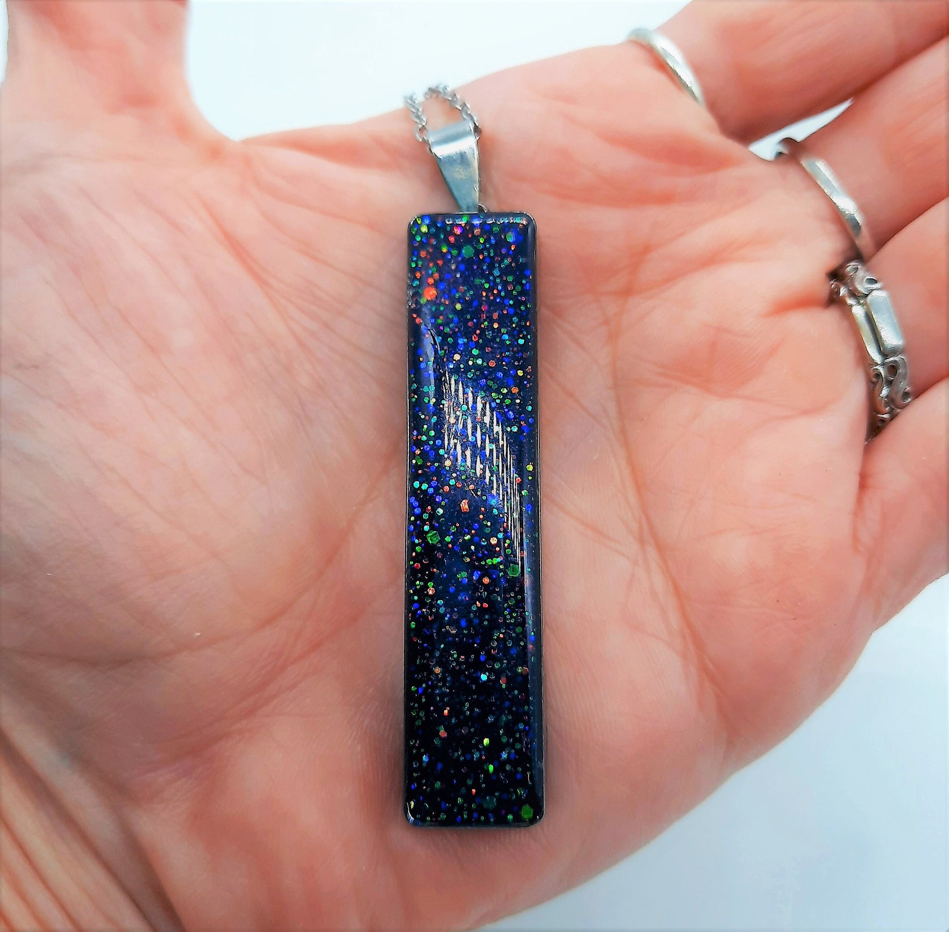 Handcrafted / Handmade Dark Purple Sparkle Resin Pendant Necklace - Made with Resin, Mica, Iridescent Glitter, & Holographic Powder