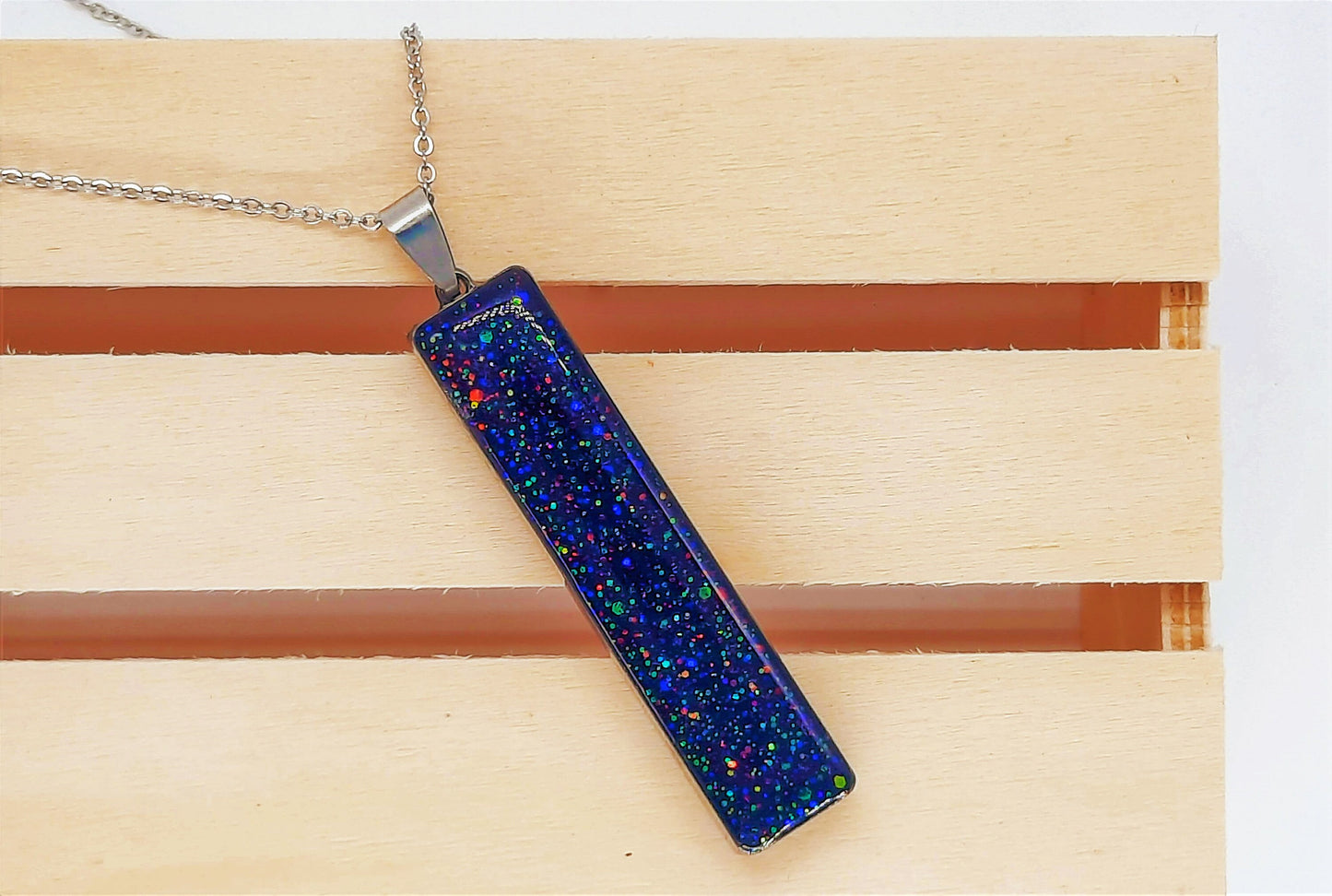 Handcrafted / Handmade Dark Purple Sparkle Resin Pendant Necklace - Made with Resin, Mica, Iridescent Glitter, & Holographic Powder