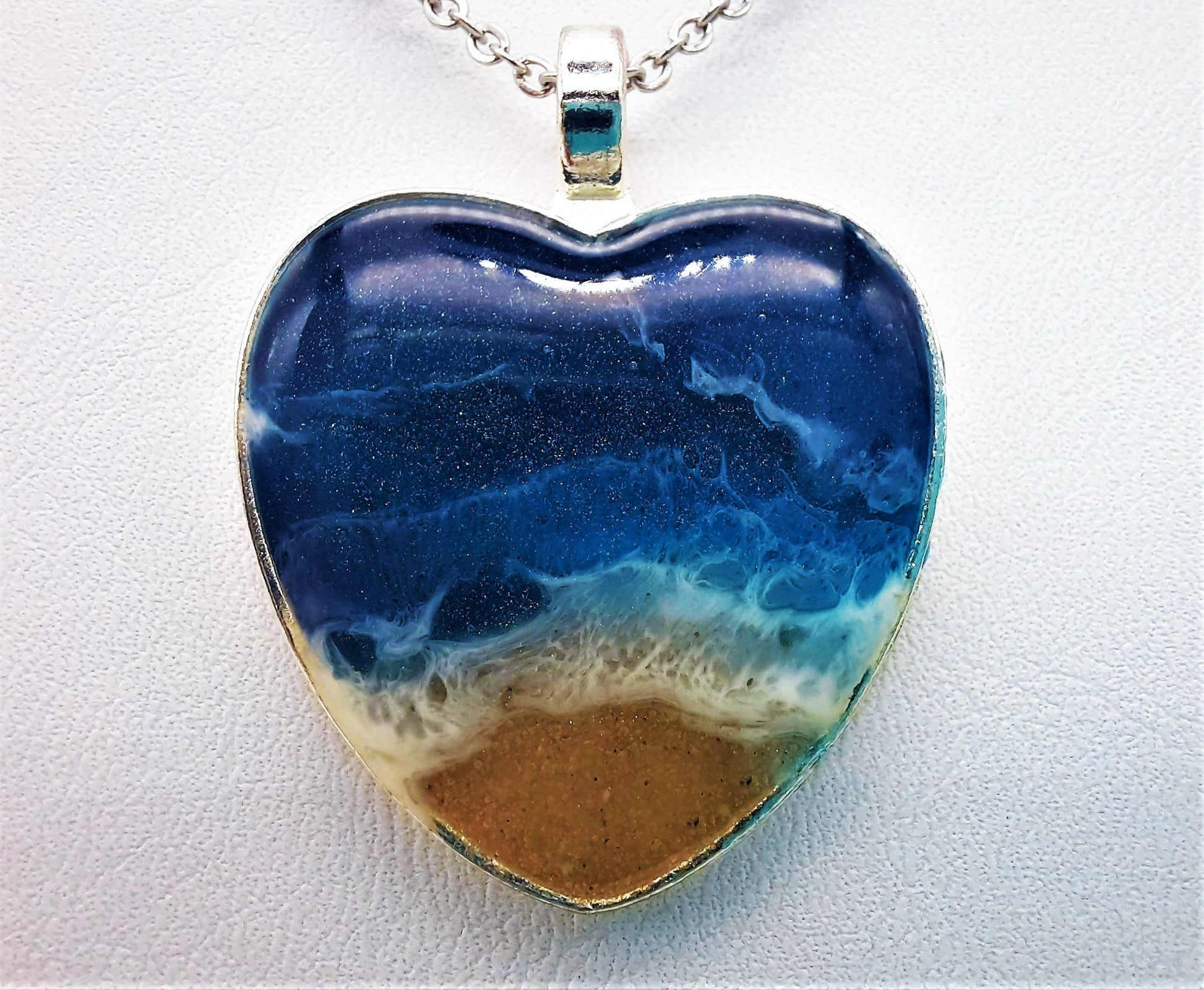 Heart Shaped Resin Waves / Ocean Pendant / Beach Scene Pendant Necklace Made with Resin and Real Sand - One of a Kind - Not a Photograph!