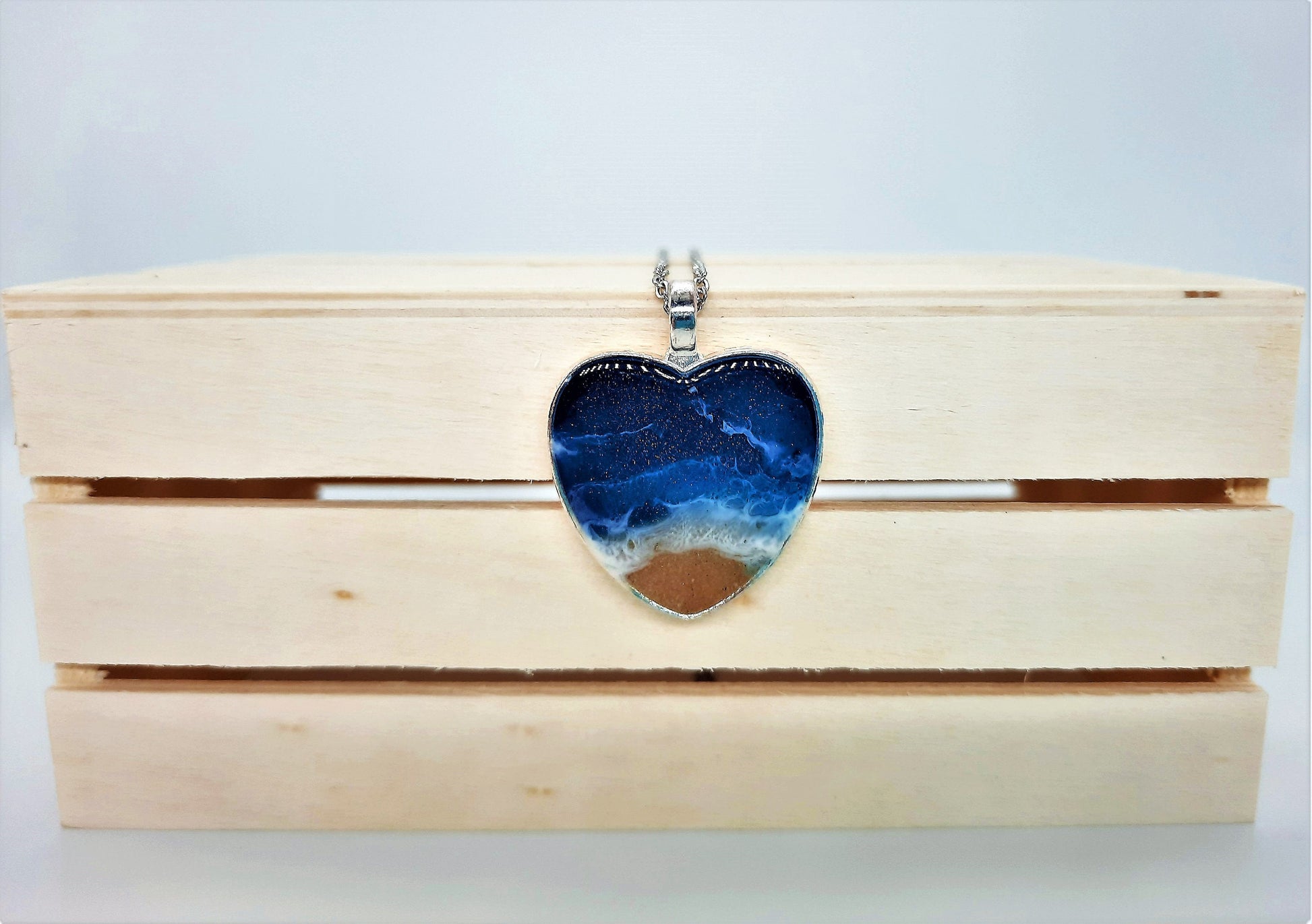 Heart Shaped Resin Waves / Ocean Pendant / Beach Scene Pendant Necklace Made with Resin and Real Sand - One of a Kind - Not a Photograph!