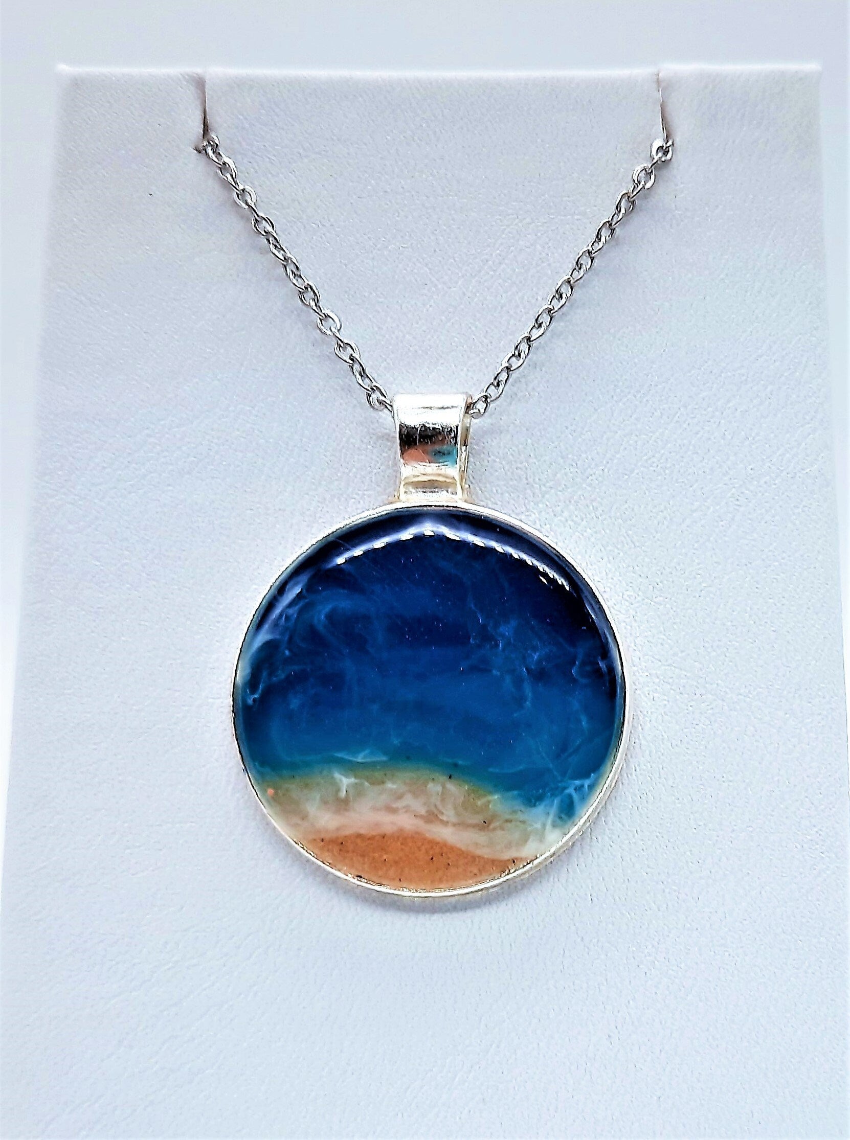 Resin Waves Round Shaped Ocean Pendant / Beach Scene Necklace, Handmade Made with Resin & Real Sand - One of a Kind - Not a Photograph!