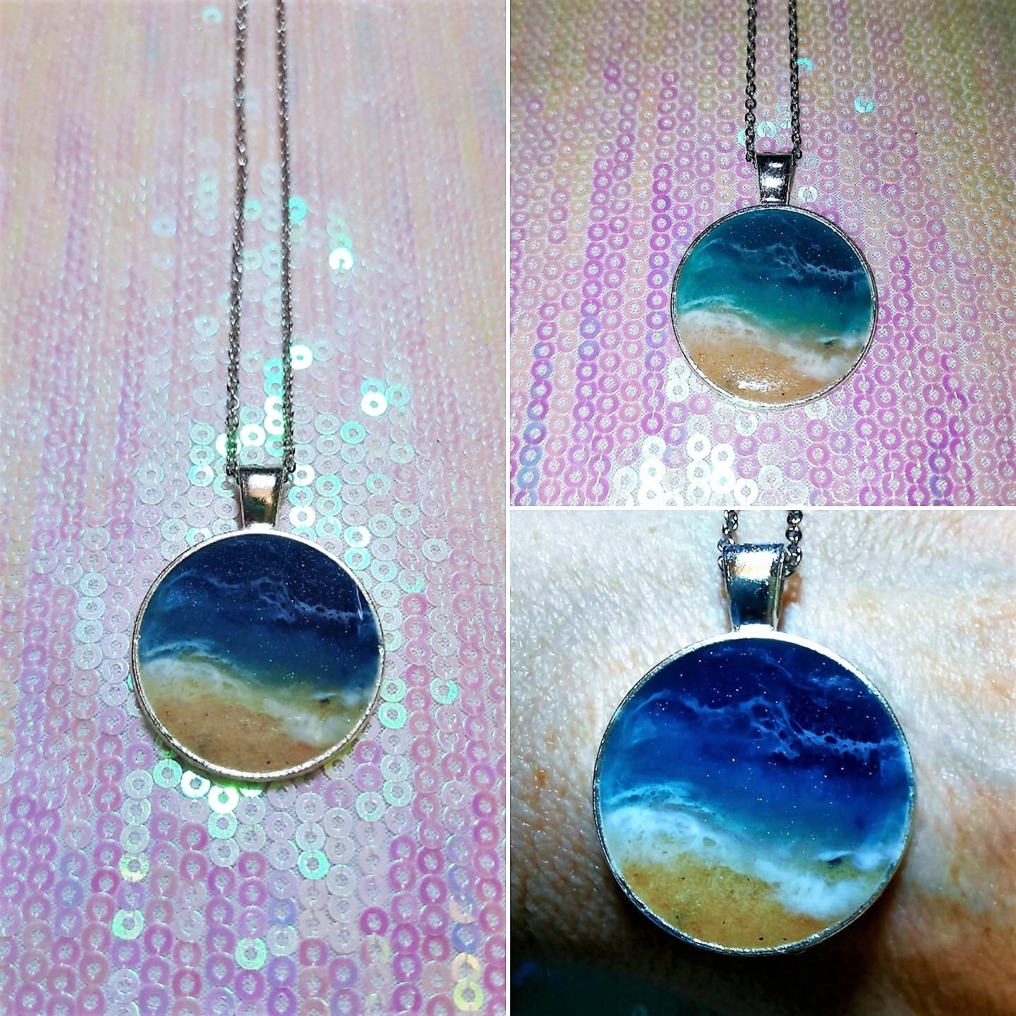 Resin Waves Round Shaped Ocean Pendant / Beach Scene Necklace, Handmade Made with Resin & Real Sand - One of a Kind - Not a Photograph!