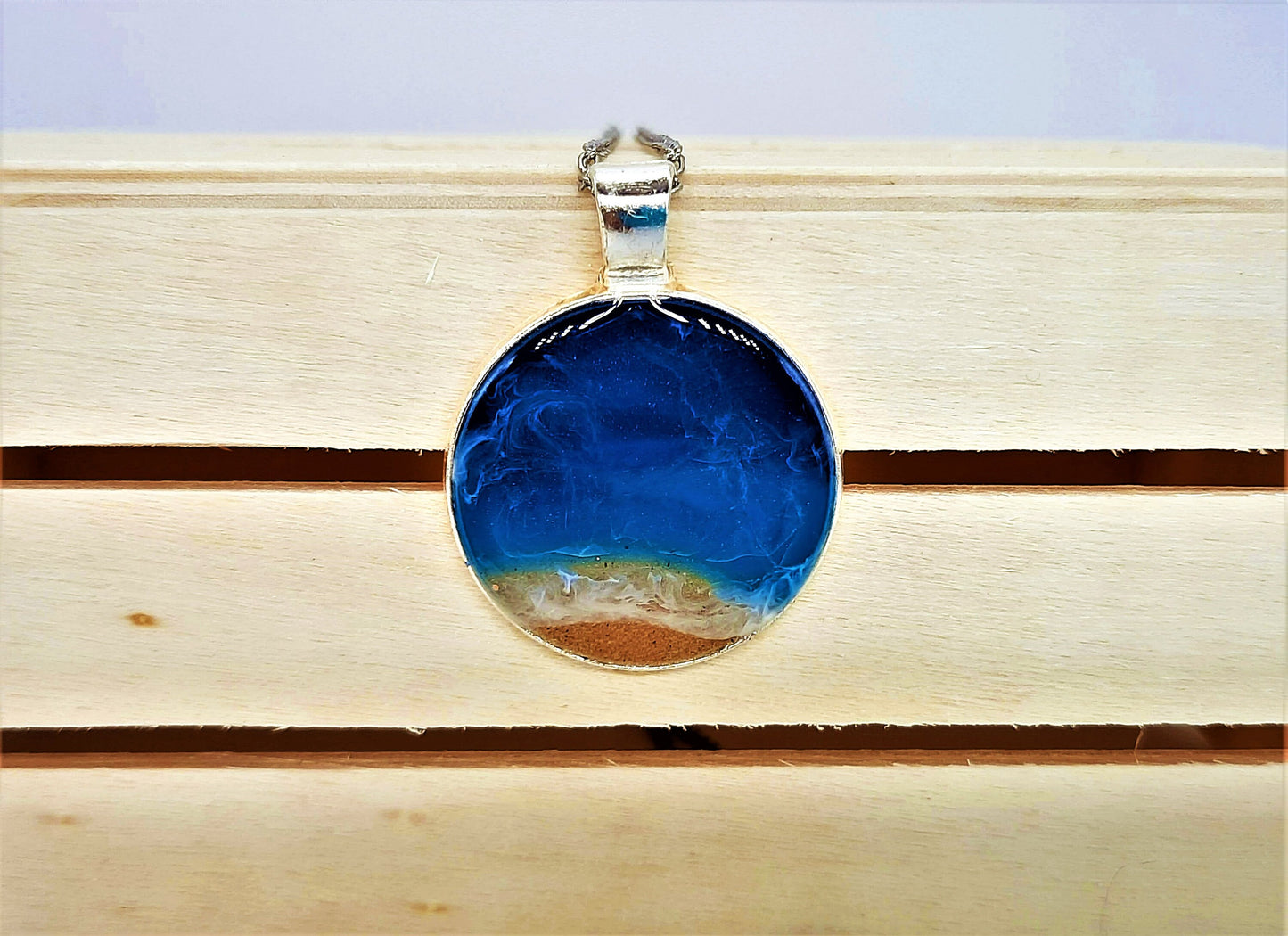 Resin Waves Round Shaped Ocean Pendant / Beach Scene Necklace, Handmade Made with Resin & Real Sand - One of a Kind - Not a Photograph!