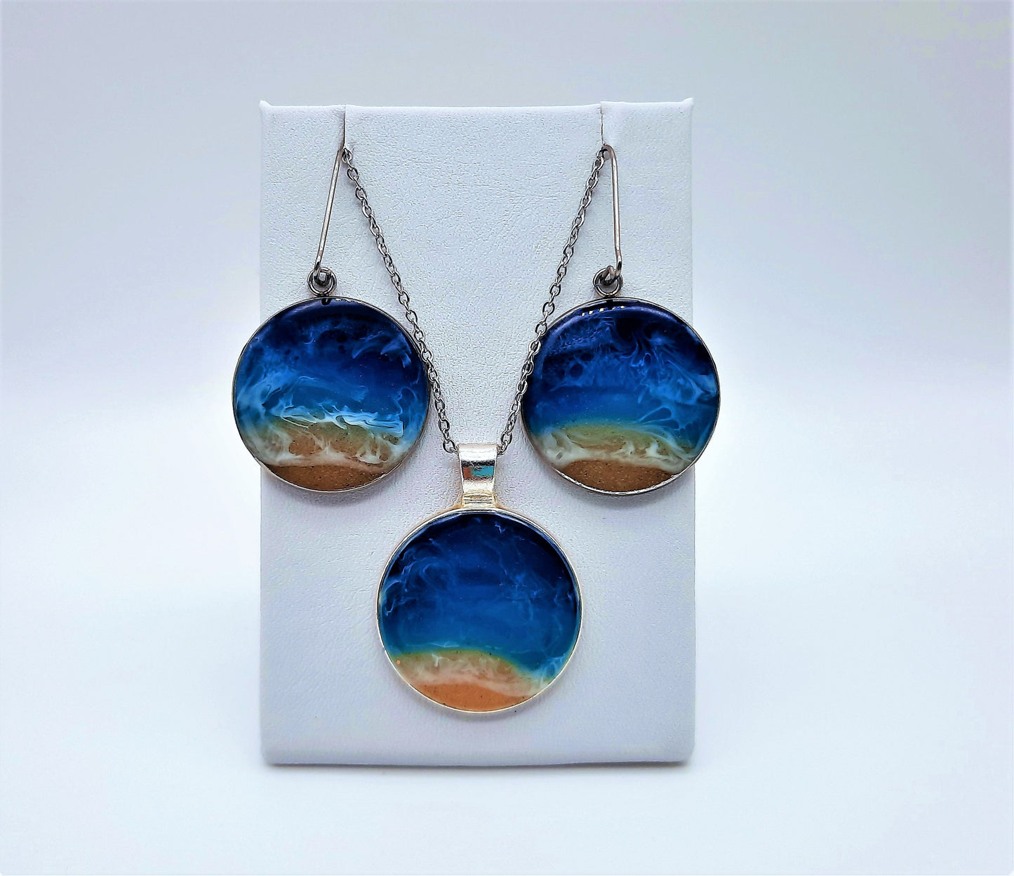 Resin Waves / Ocean Earring and Necklace Set / Ocean Jewelry / Beach Scene / Made w/ Real Sand, Resin, Mica, Hypoallergenic Stainless Steel