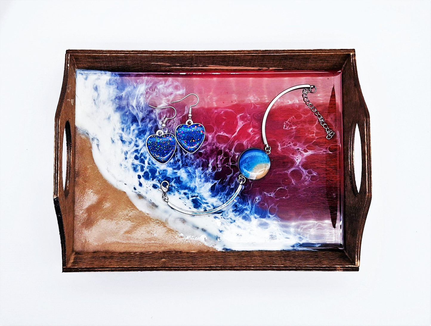 Eco-Friendly Resin Seascape Coastal Wave Beach Scene Small Wooden Jewelry Tray/ Trinket Tray / Made with Real Sand, Alcohol Inks, & Mica