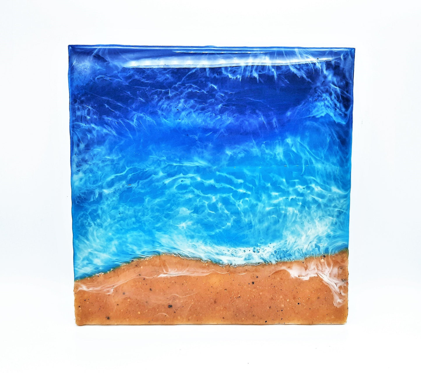 Handpainted Eco-Friendly Epoxy Resin Seascape Coastal Beach Scene, Shades of Blue, Made w/ Sand, Painted on 8" x 8" Canvas Board