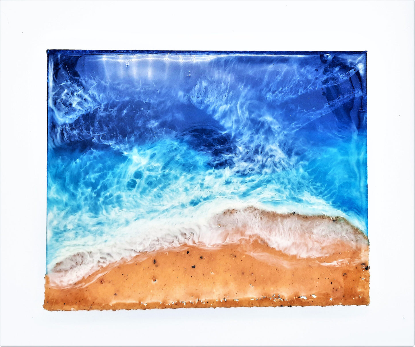 Handpainted Eco-Friendly Epoxy Resin Seascape Coastal Beach Scene, Shades of Blue, Made w/ Sand, Painted on 8" x 10" Stretched Canvas