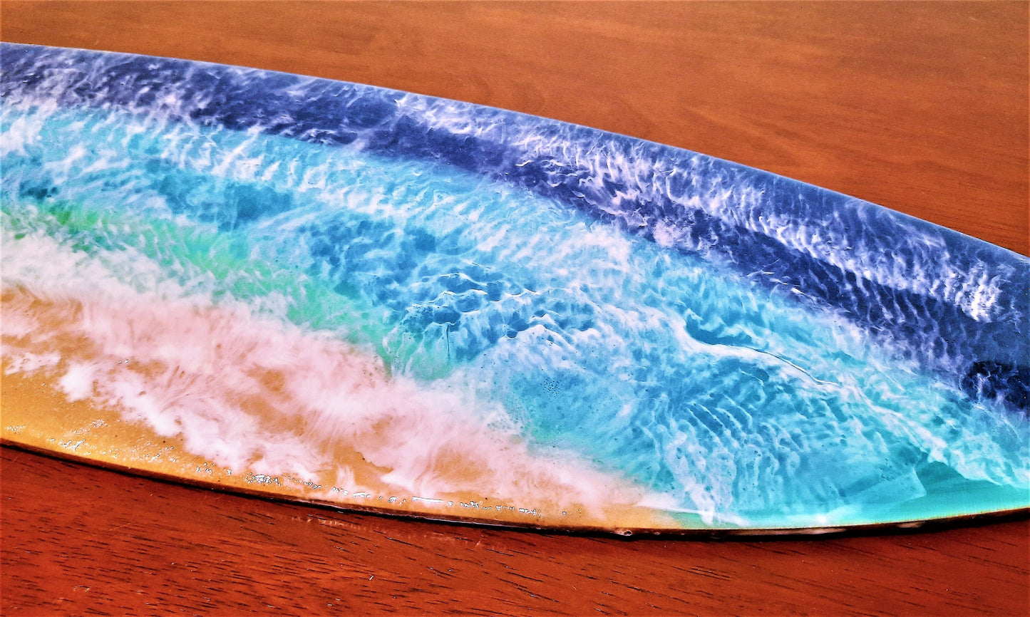 Handpainted Eco-Friendly Epoxy Resin Seascape Coastal Beach Scene Surfboard, Made w/ Real Sand, Alcohol Inks, & Mica, Painted on Wood