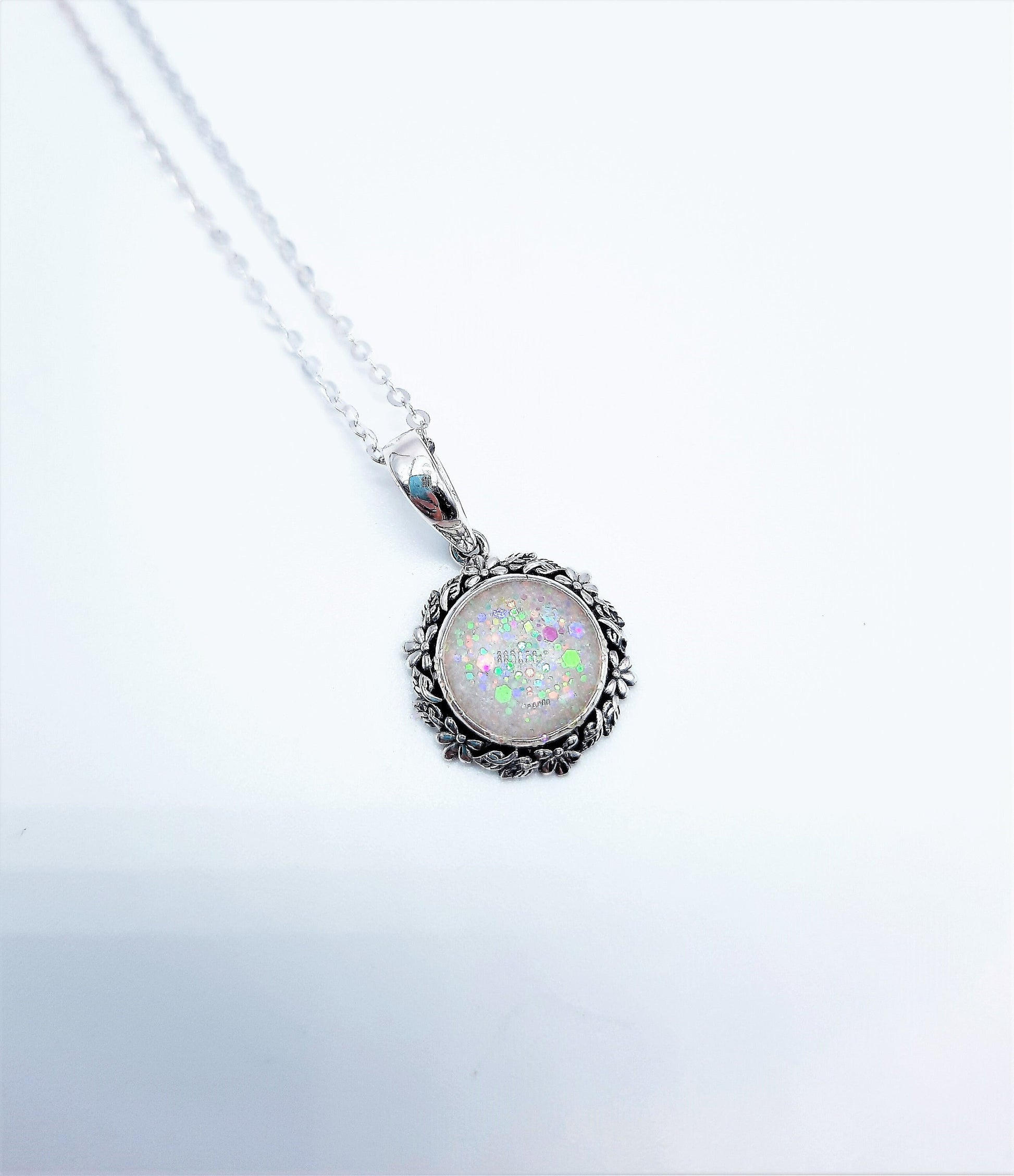 Handcrafted Iridescent White Opal (like) Sparkle Resin Pendant Necklace - Flower and Leaf Design - Made with 925 Sterling Silver