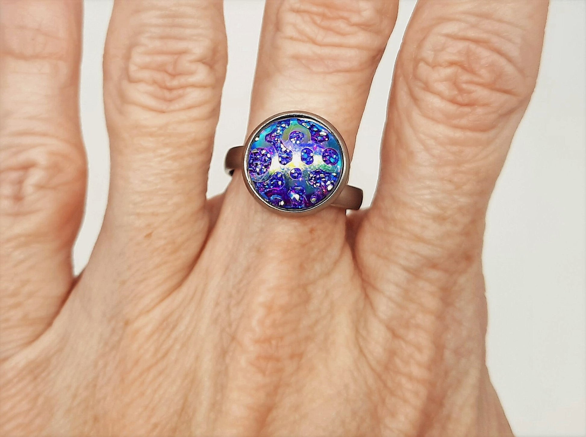 Handcrafted / Handmade Iridescent Purple Resin Ring, Hypoallergenic Silver Stainless Steel, Adjustable Band