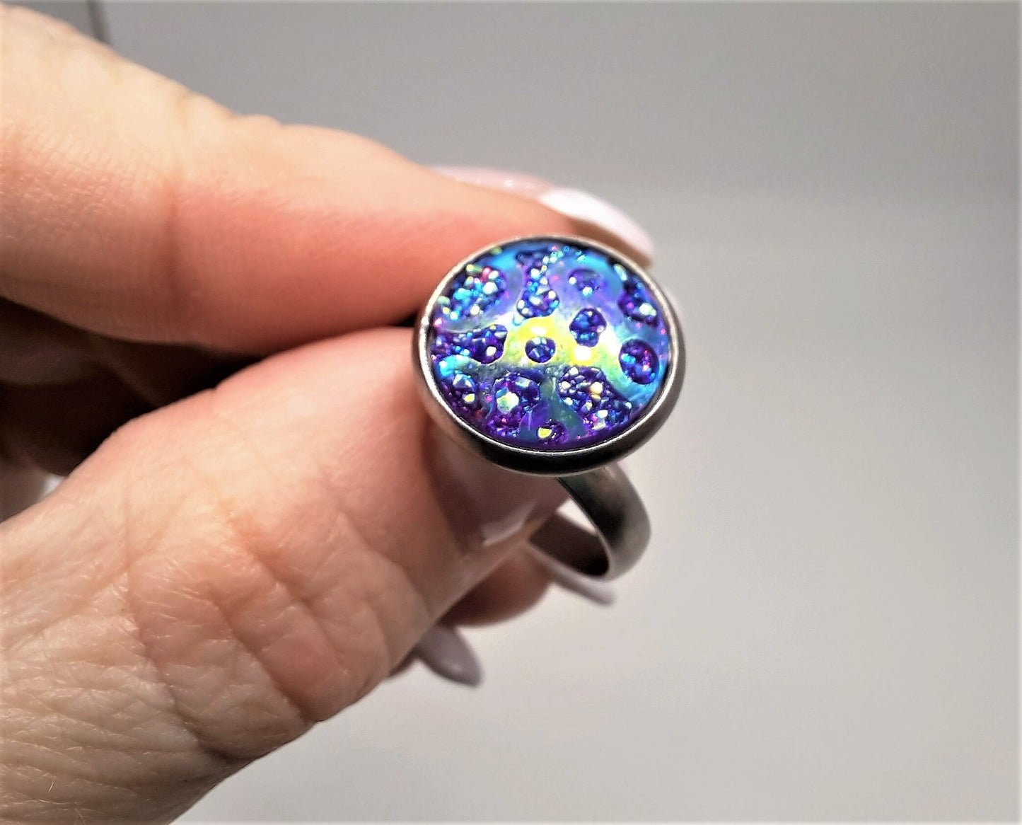 Handcrafted / Handmade Iridescent Purple Resin Ring, Hypoallergenic Silver Stainless Steel, Adjustable Band