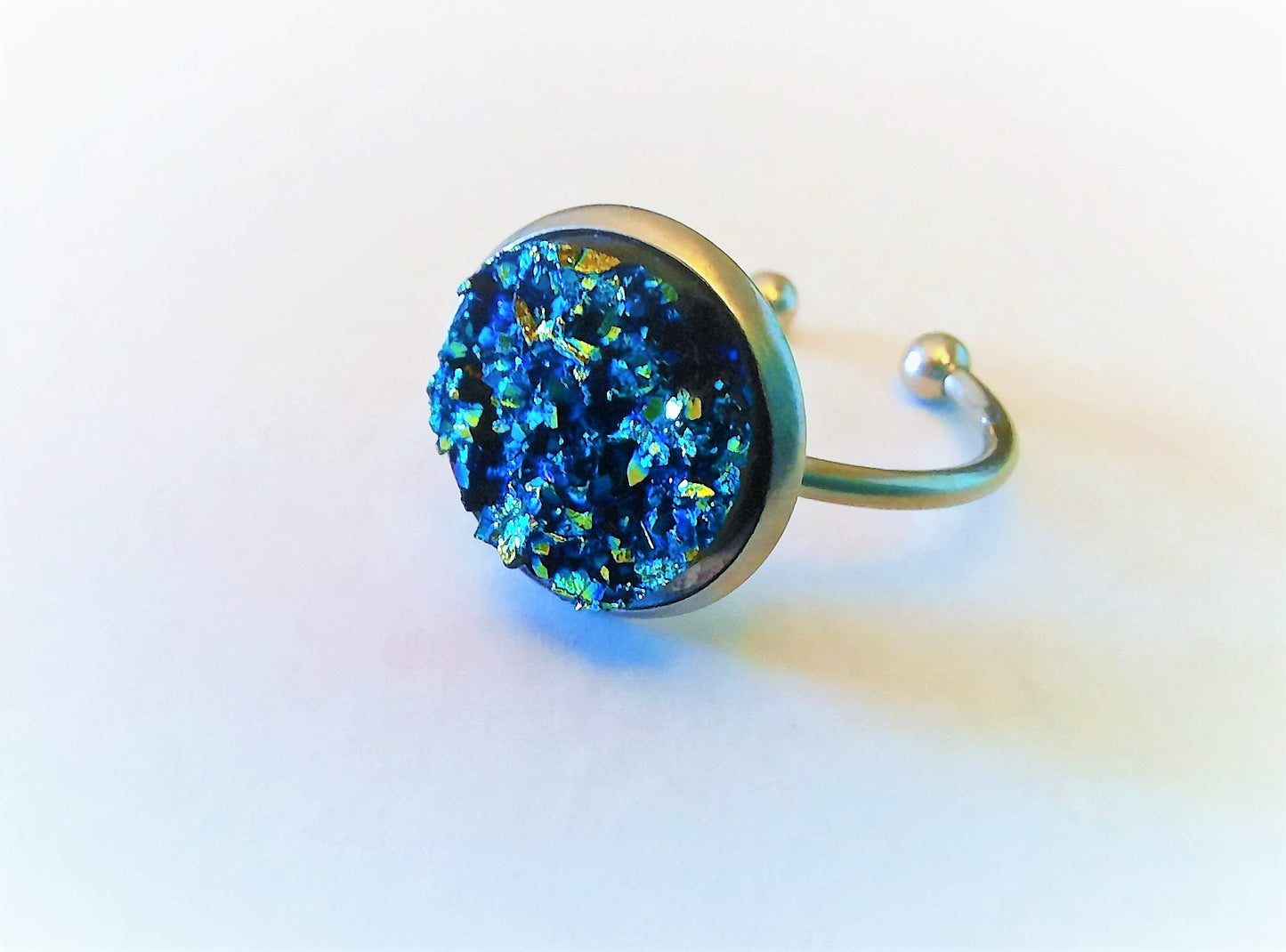 Handcrafted / Handmade Iridescent Blue - Green Druzy Stone, Hypoallergenic Silver Stainless Steel Cuff Finger Ring, Size 7