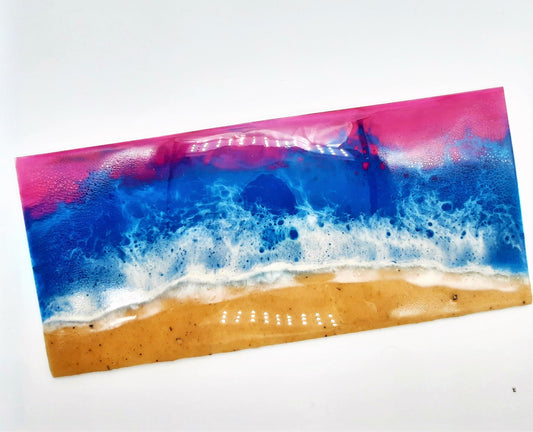 Handpainted Eco-Friendly Resin Seascape Coastal Beach Scene, Bright Purple & Dark Blue, Made w/ Real Sand, Painted on 16" x 6" Pressed Wood