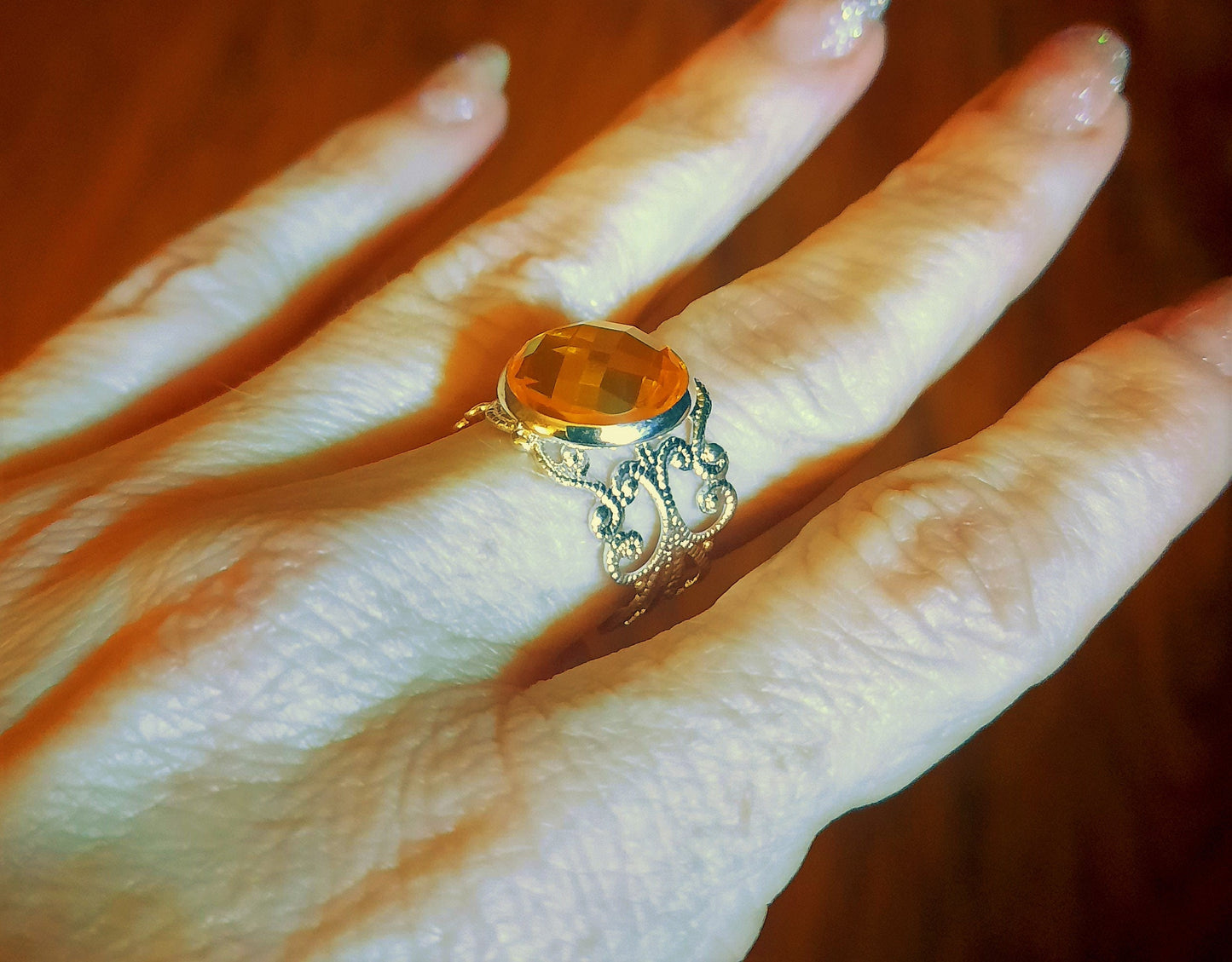 Silver Coated Brass Adjustable Filigree Ring with Colored Multifaceted Glass Setting