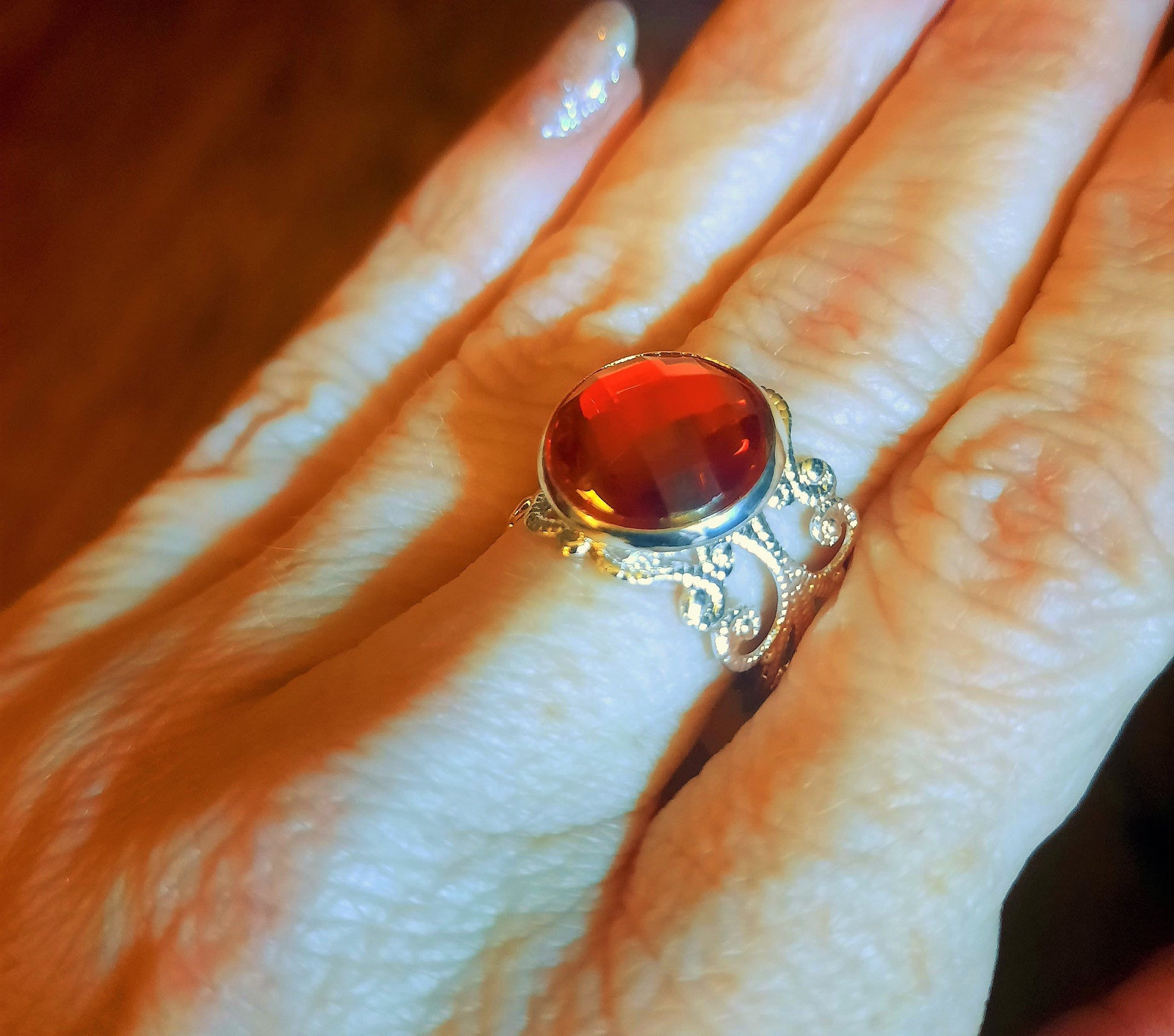 Silver Coated Brass Adjustable Filigree Ring with Colored Multifaceted Glass Setting