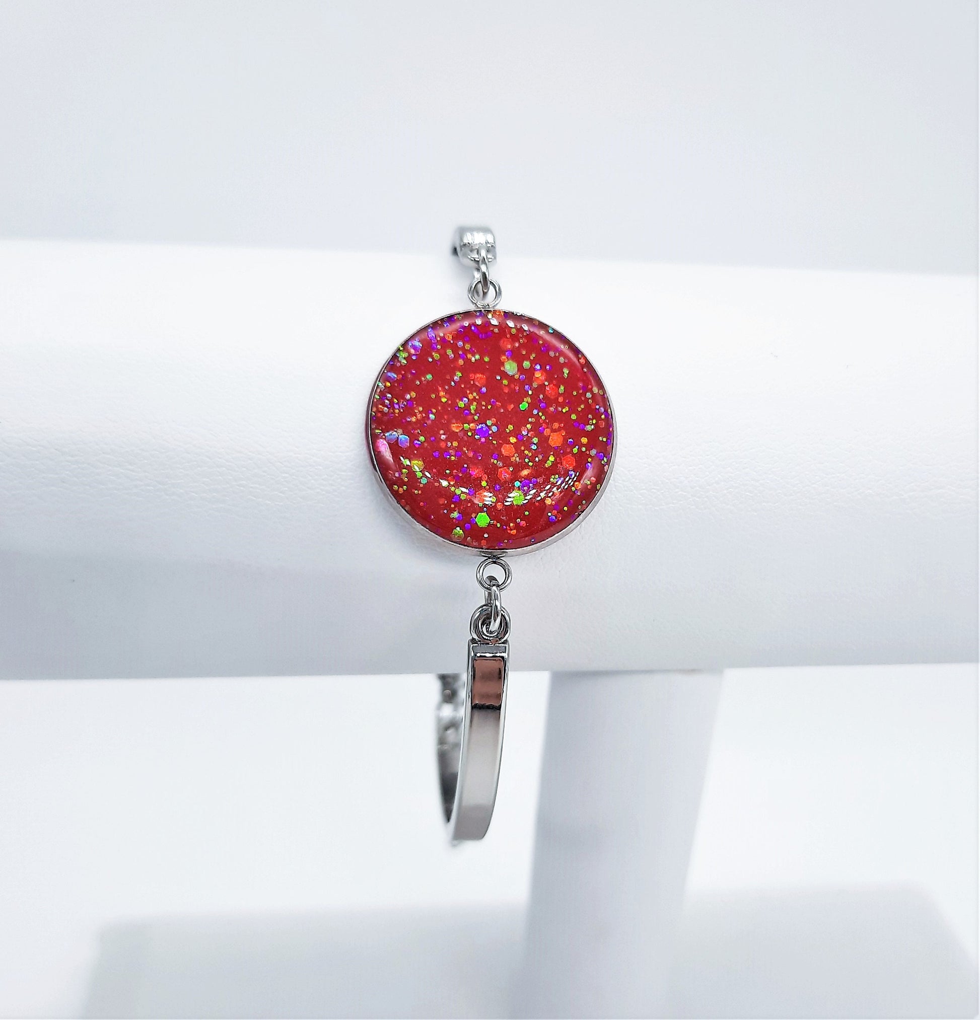 Red Sparkle Resin Bangle Bracelet / Adjustable / Made with Resin, Mica, Glitter, and Hypoallergenic Stainless Steel