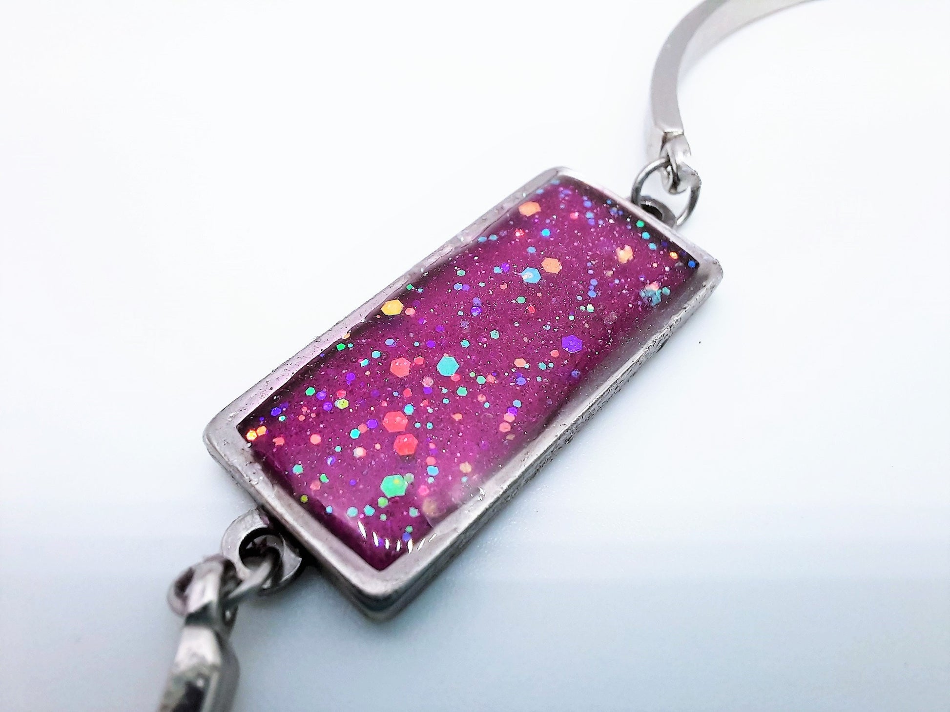 Handcrafted Iridescent Purple Rectangle Adjustable Bangle Bracelet - Made with Resin, Glitter, & Holographic Powder - Hypoallergenic