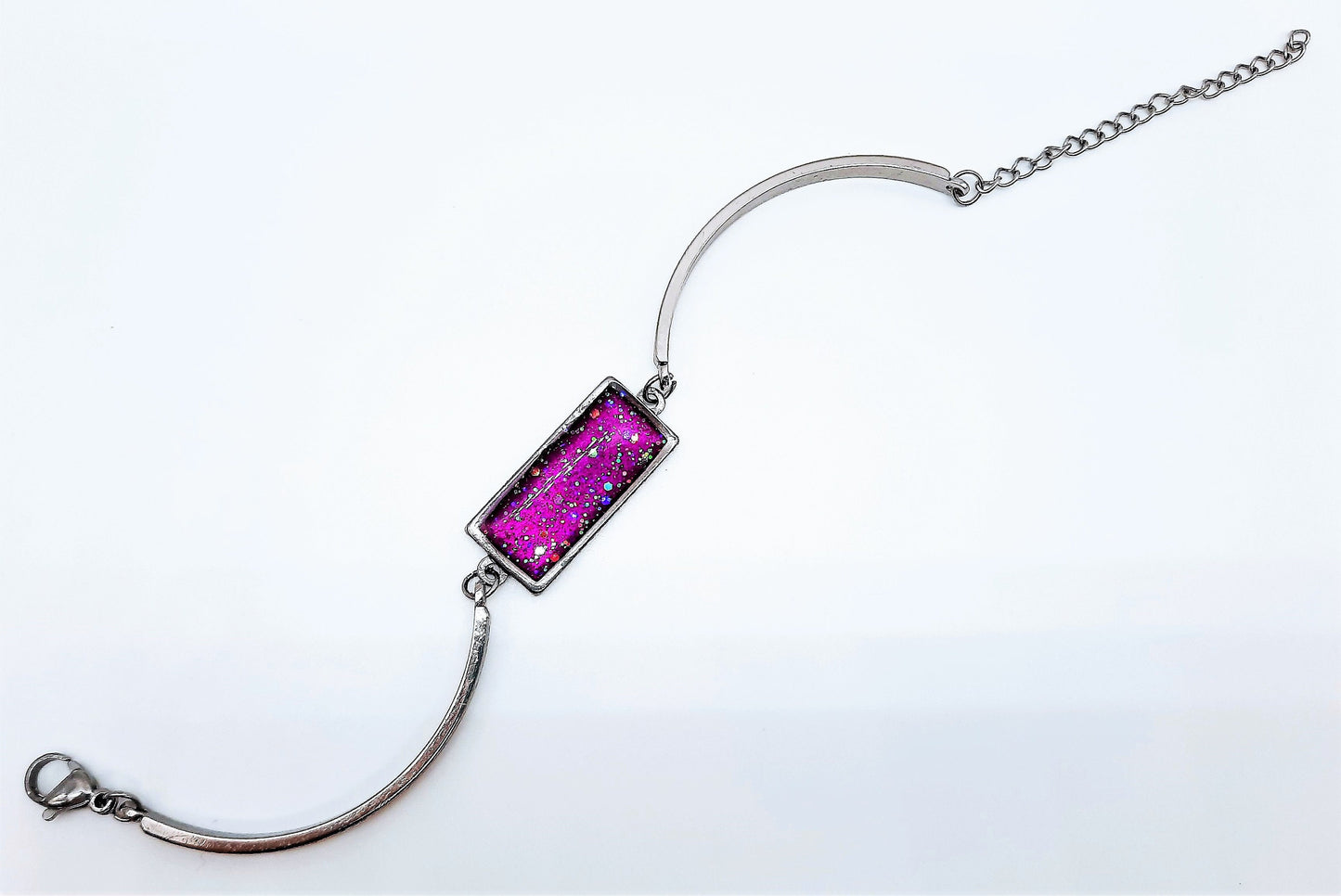 Handcrafted Iridescent Purple Rectangle Adjustable Bangle Bracelet - Made with Resin, Glitter, & Holographic Powder - Hypoallergenic