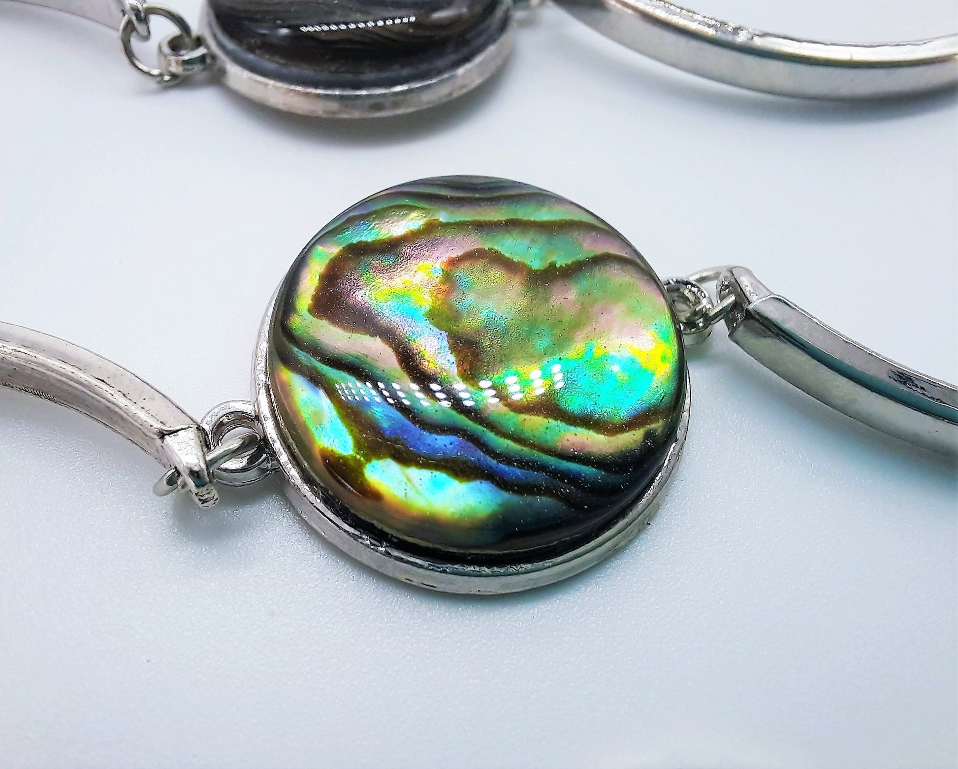 Abalone Seashell Stainless Steel Adjustable Bangle Bracelet Made with Holographic Powder Infused Resin - Hypoallergenic