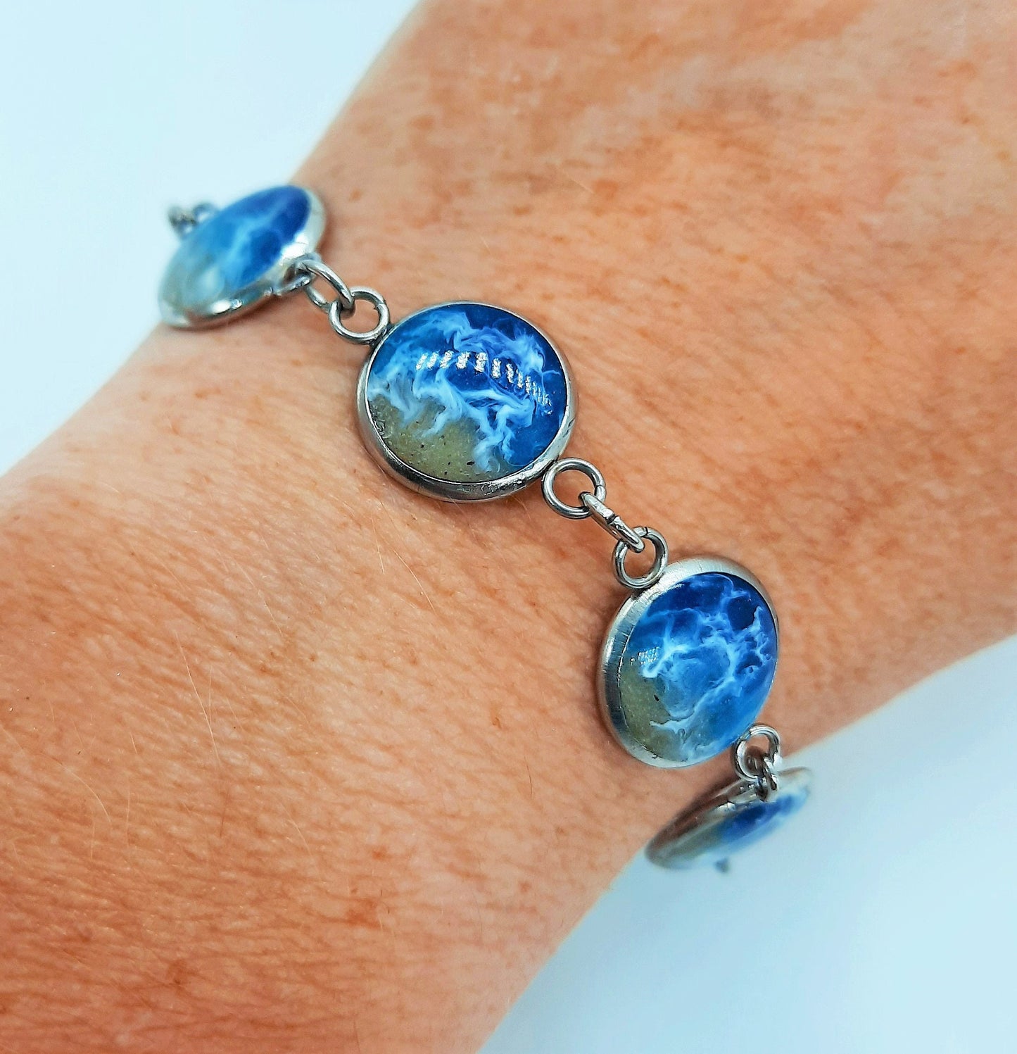 Resin Waves Ocean Bracelet / Beach Scene, Silver Stainless Steel Link Bracelet, Made with Real Sand, Resin, and Mica - NOT PHOTOGRAPHS!