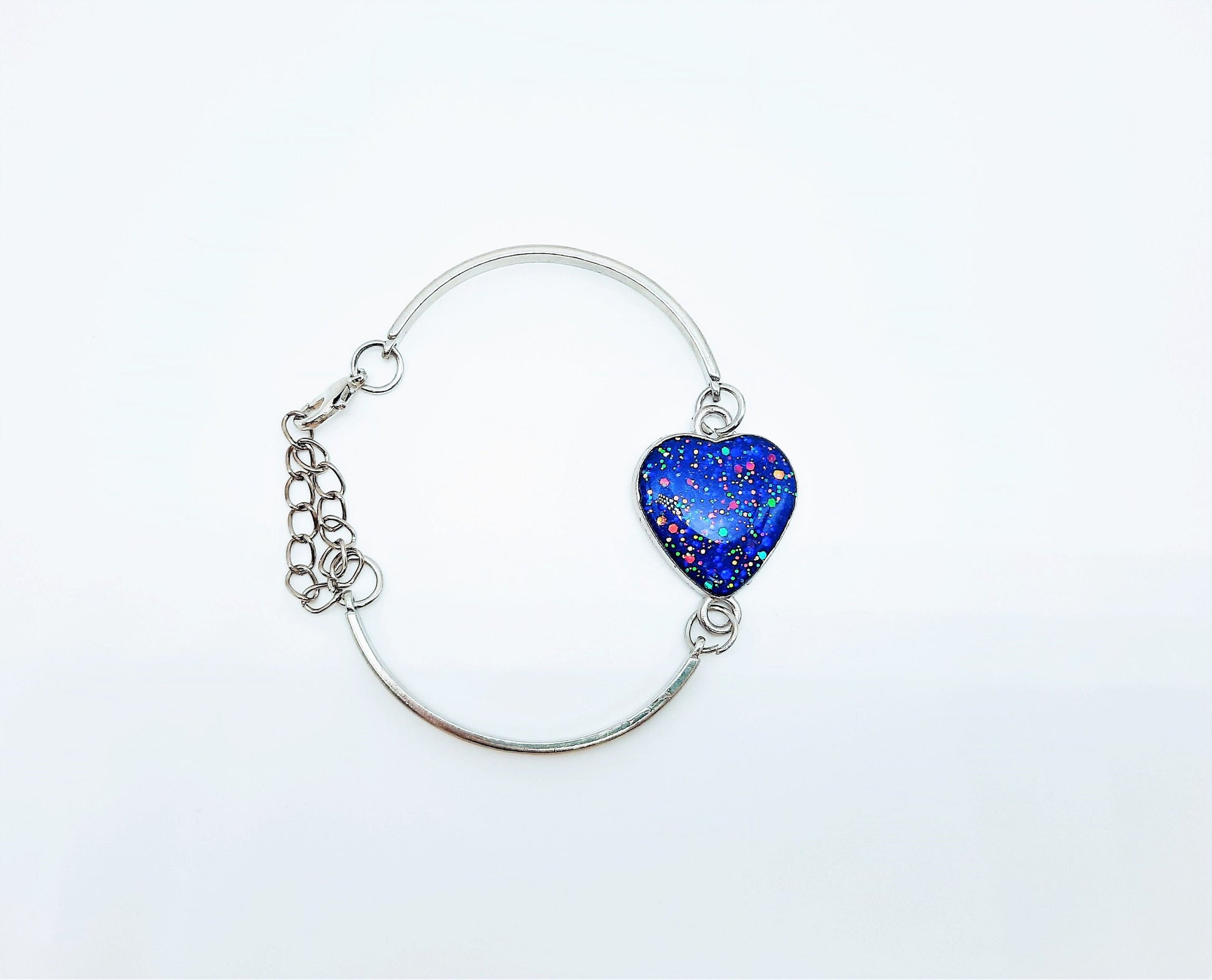 Handcrafted Iridescent Blue Heart Adjustable Bangle Bracelet-Made with Resin, Glitter, & Holographic Powder-Hypoallergenic Stainless Steel