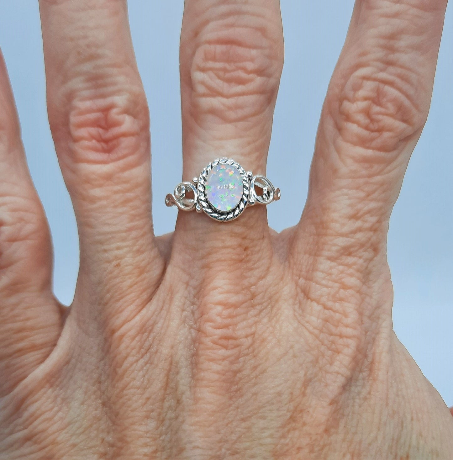 Handcrafted / Handmade Antiqued 925 Sterling Silver Ring, Genuine White Opal Setting, Domed with Holographic Resin