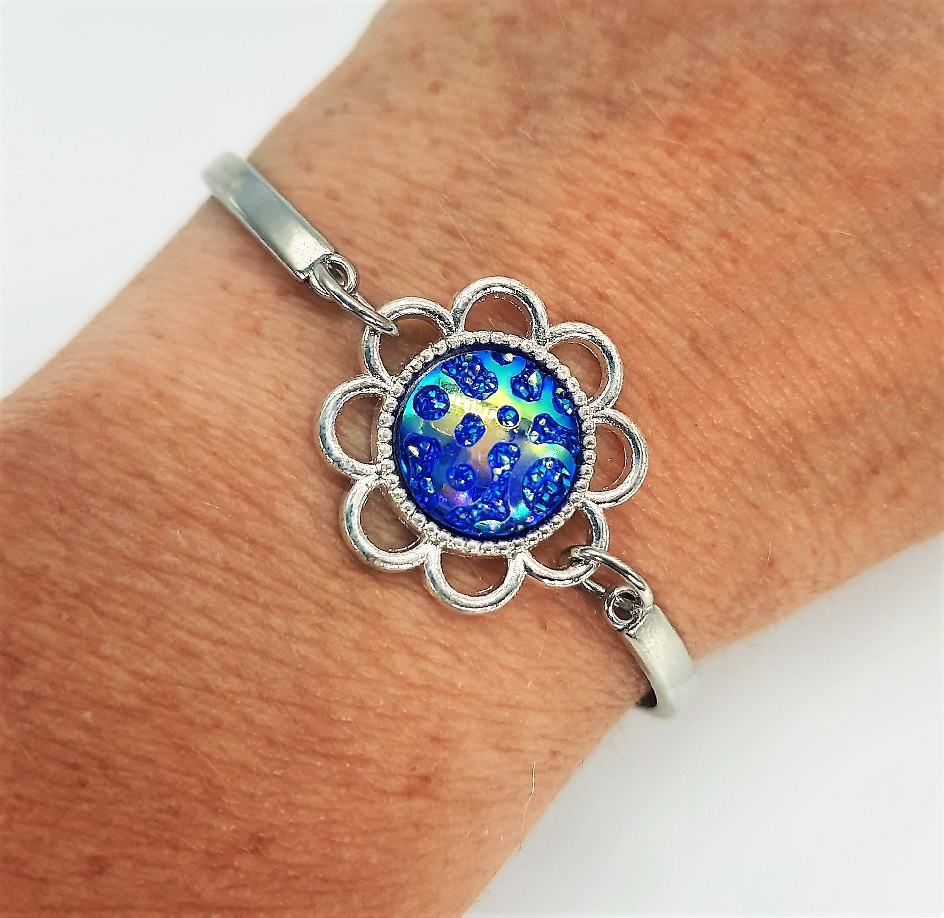 Handcrafted Flower Power Iridescent Blue Resin Stainless Steel Adjustable Bangle Bracelet - Hypoallergenic