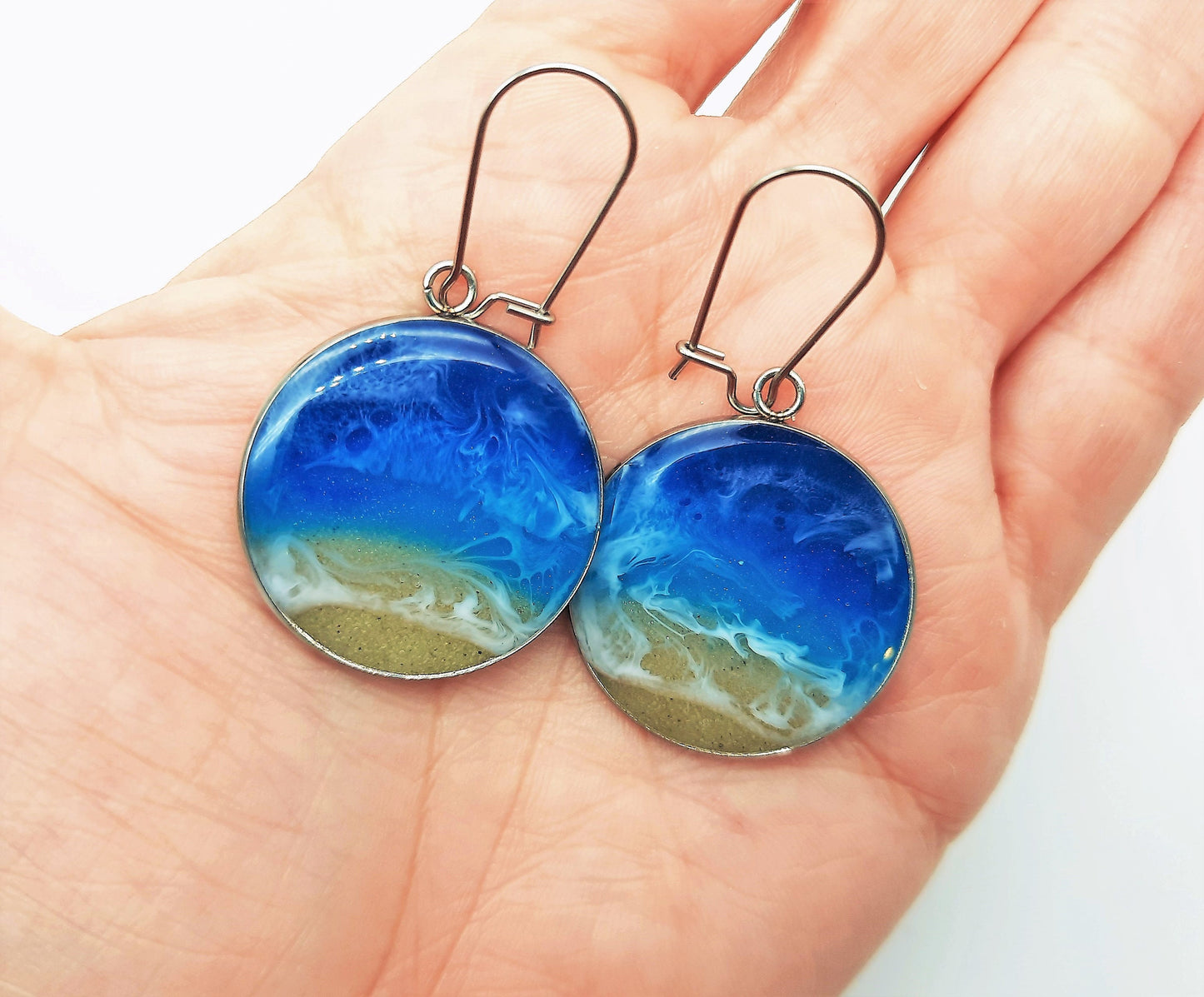 Resin Waves / Ocean Earring and Necklace Set / Ocean Jewelry / Beach Scene / Made w/ Real Sand, Resin, Mica, Hypoallergenic Stainless Steel