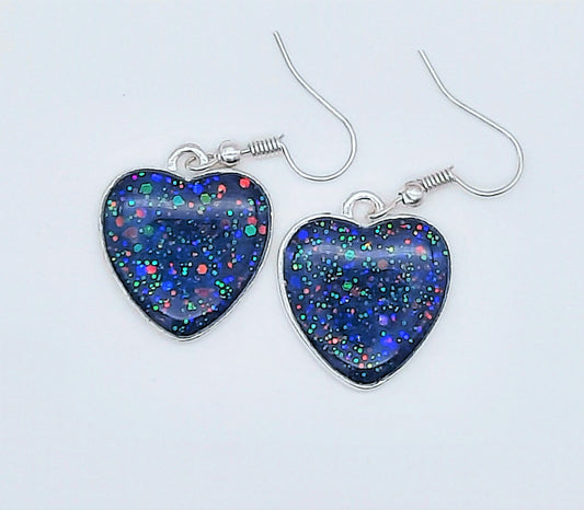 Dark Blue Sparkle Heart Shaped Resin Earrings / Made with Resin, Mica, Glitter, and Hypoallergenic Stainless Steel