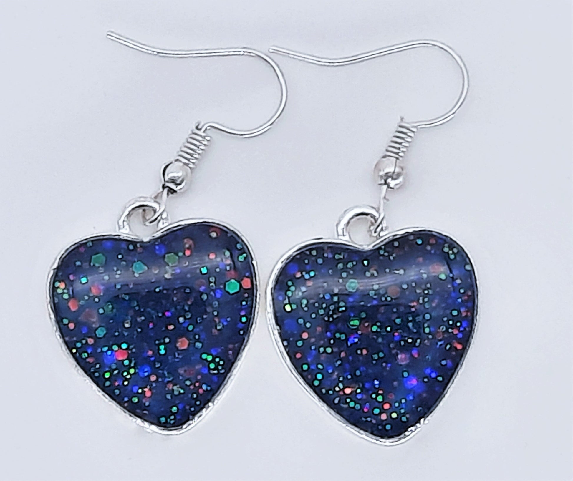 Dark Blue Sparkle Heart Shaped Resin Earrings / Made with Resin, Mica, Glitter, and Hypoallergenic Stainless Steel