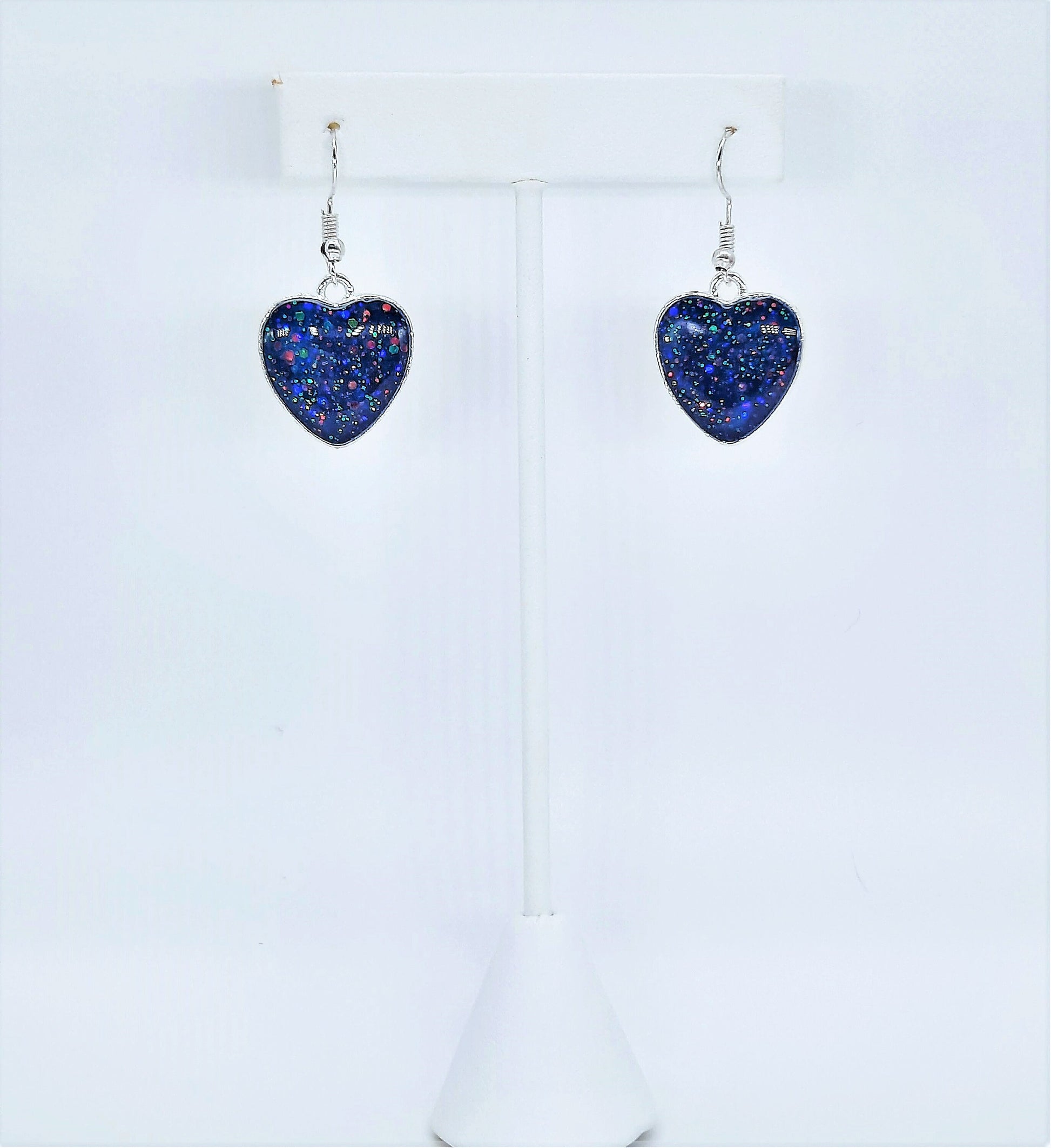 Dark Blue Sparkle Heart Shaped Resin Earrings / Made with Resin, Mica, Glitter, and Hypoallergenic Stainless Steel